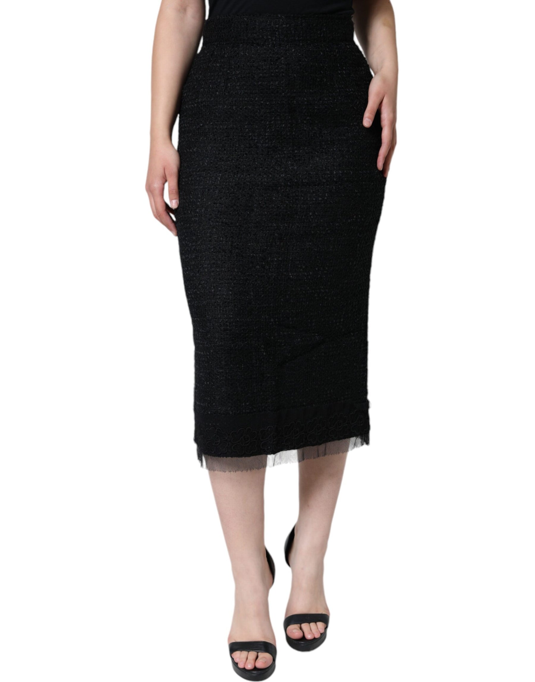 Dolce & Gabbana Black Virgin Wool Pencil Cut Midi Skirt | Regal Royce