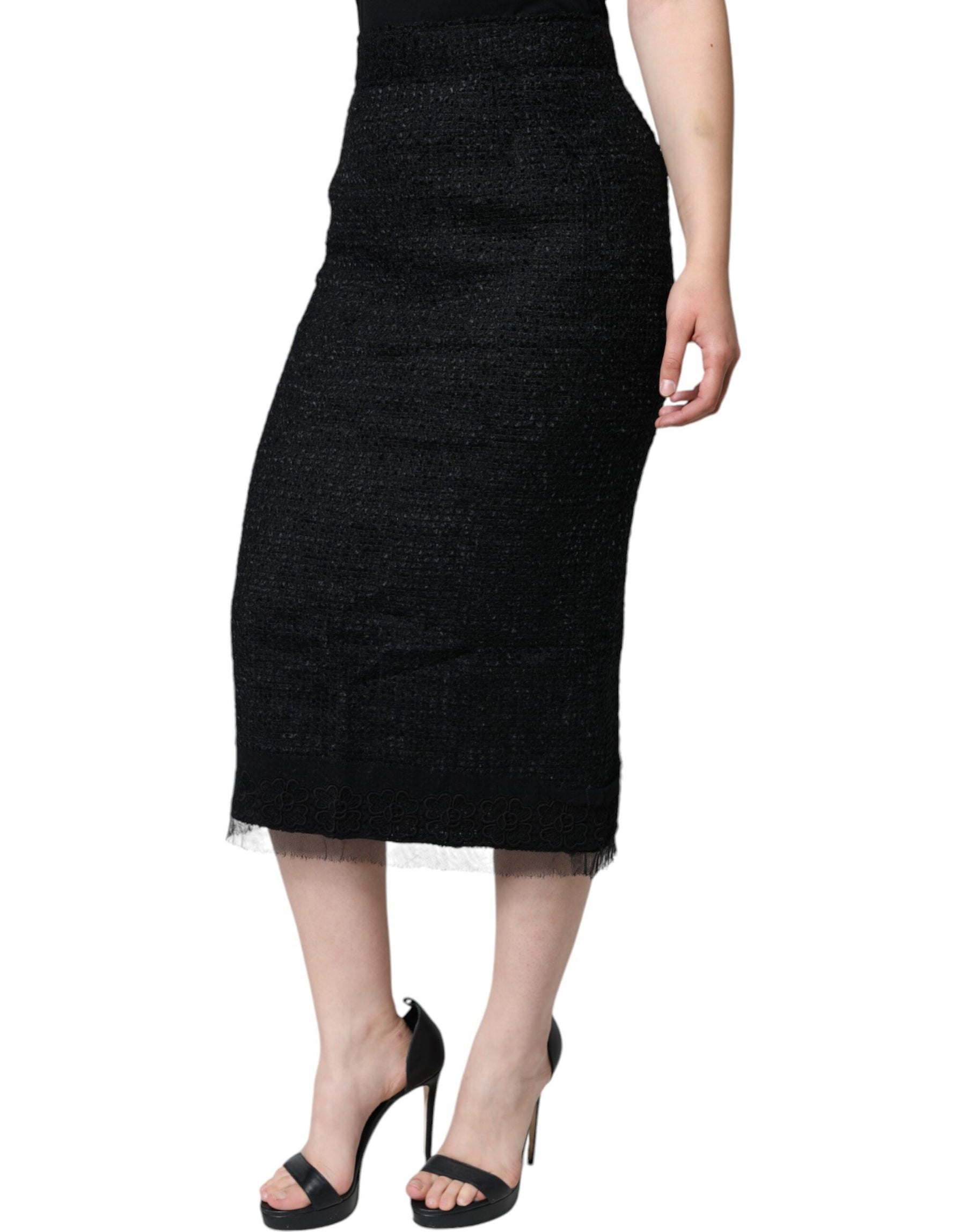 Dolce & Gabbana Black Virgin Wool Pencil Cut Midi Skirt | Regal Royce