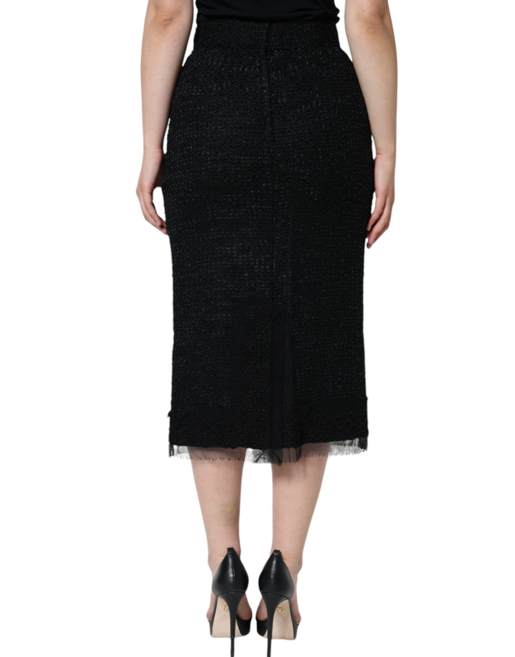 Dolce & Gabbana Black Virgin Wool Pencil Cut Midi Skirt | Regal Royce