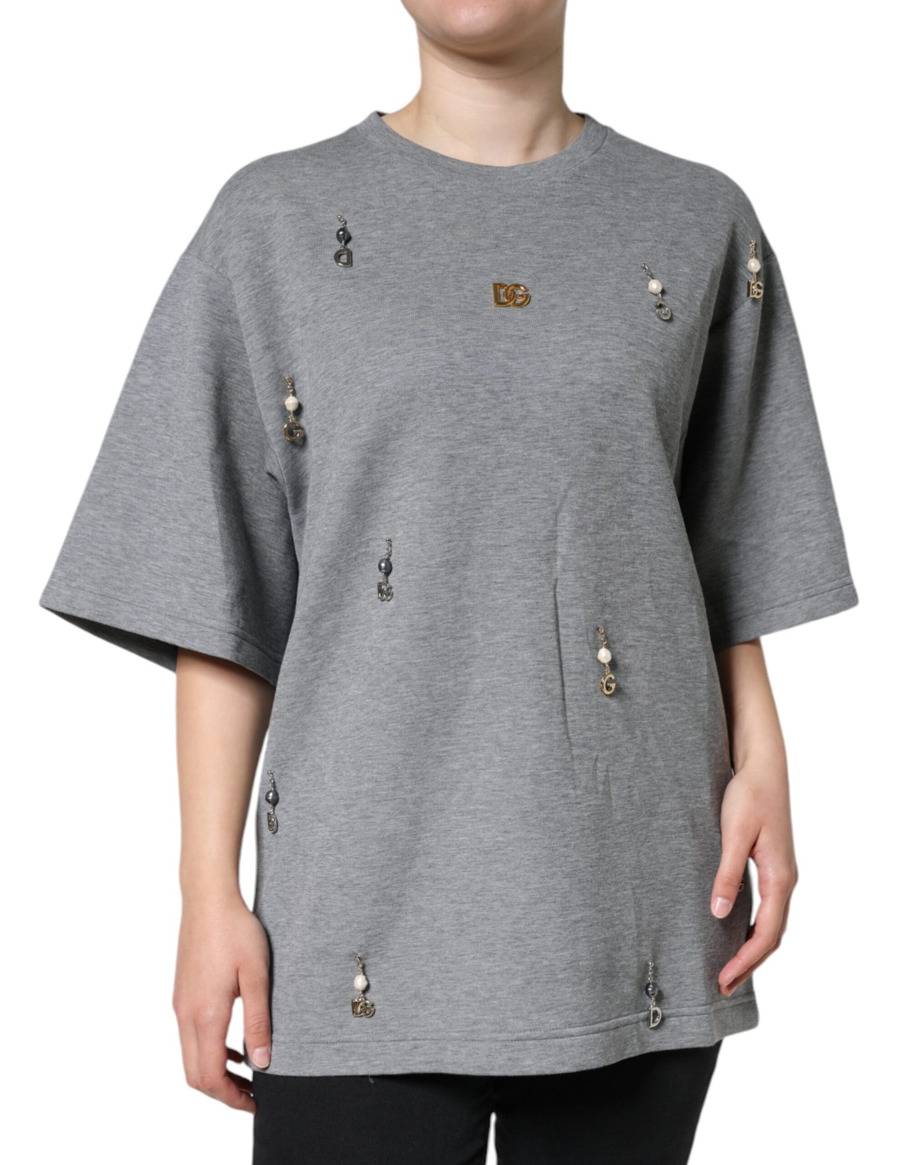 Dolce & Gabbana Gray Cotton Blend Embellished Tee T-shirt | Regal Royce