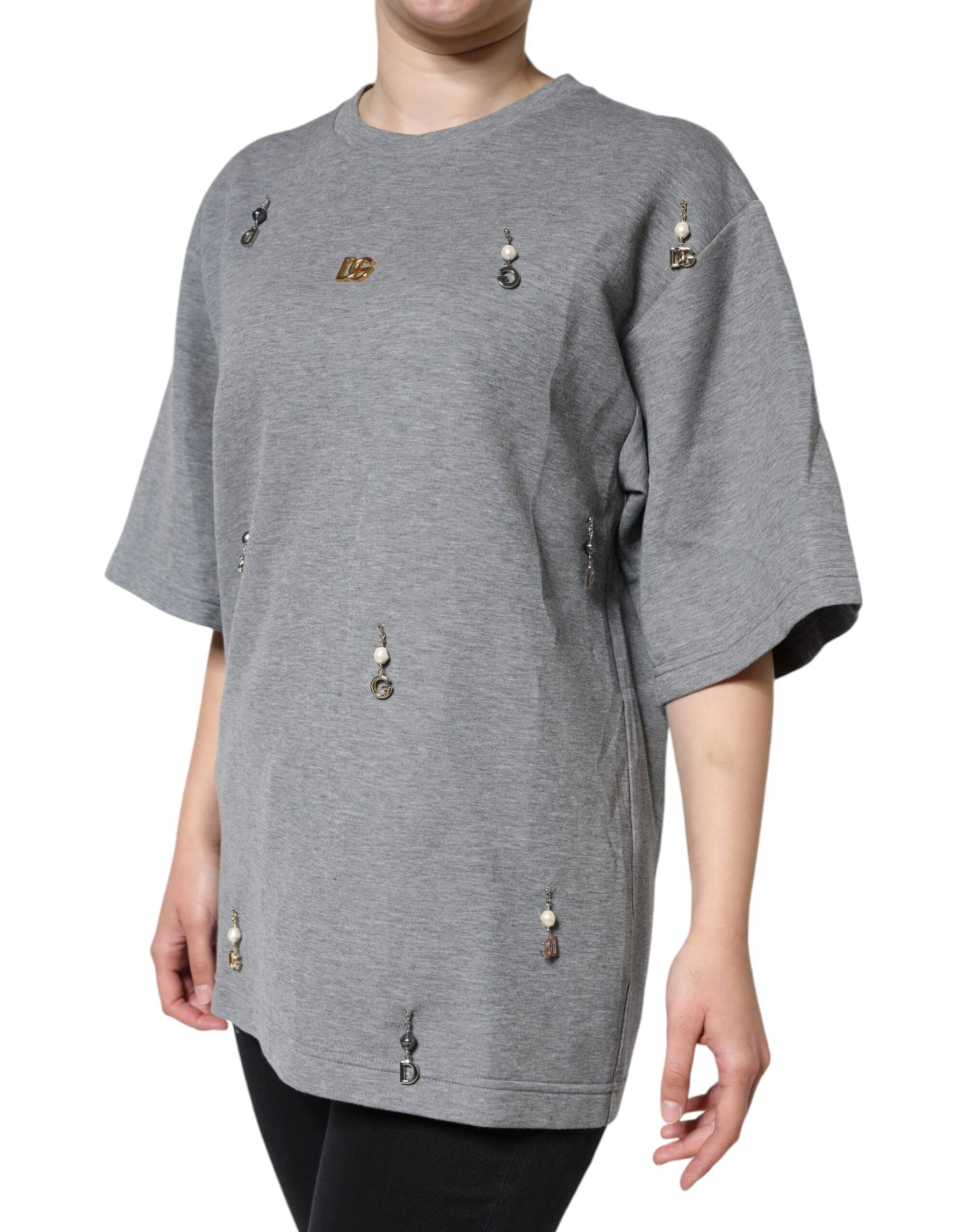 Dolce & Gabbana Gray Cotton Blend Embellished Tee T-shirt | Regal Royce