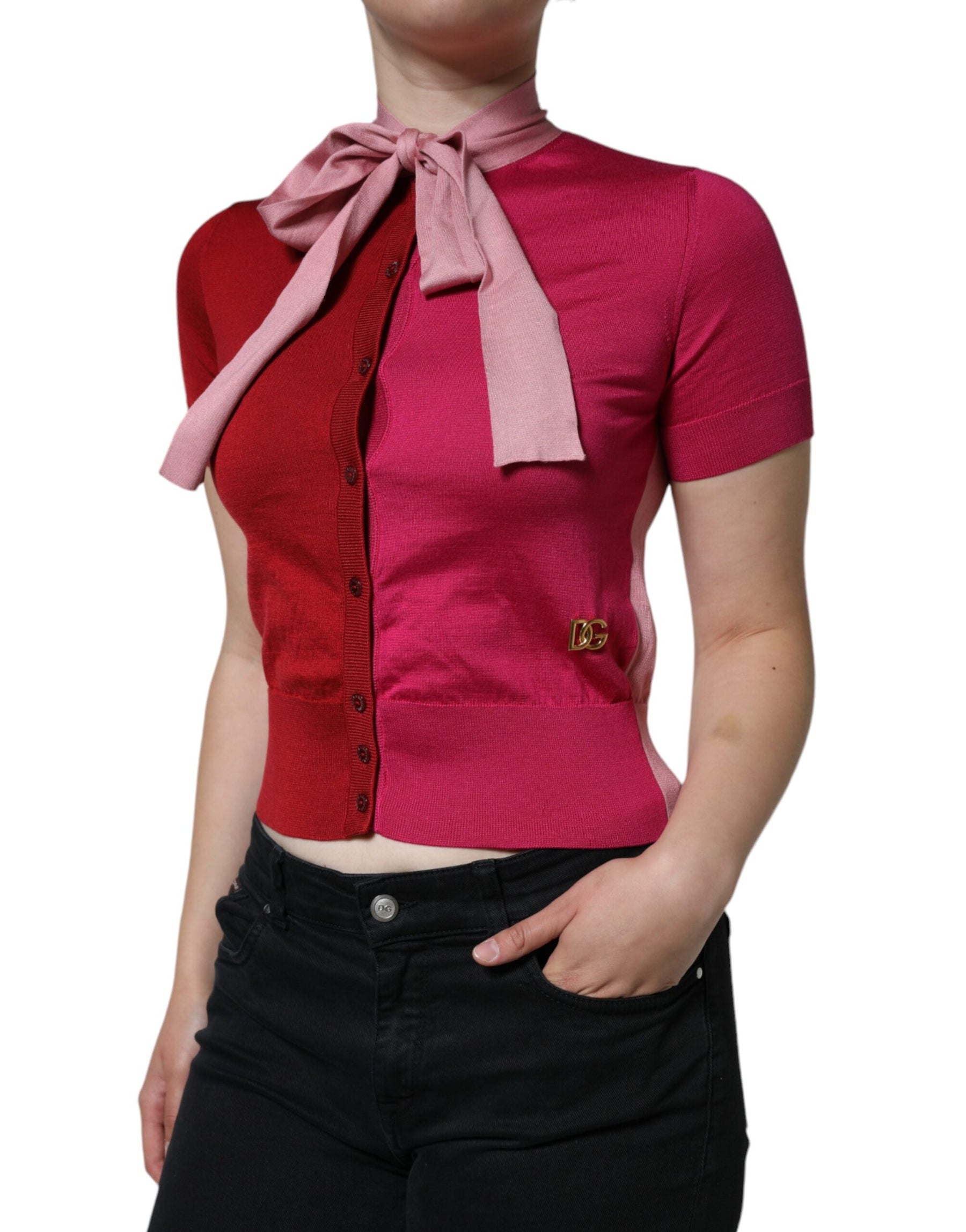 Dolce & Gabbana Pink Short Sleeves Pullover Ascot Collar Top | Regal Royce
