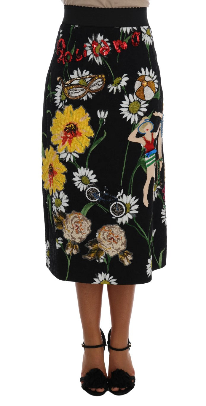 Dolce & Gabbana Black Embellished Daisy Brocade Skirt | Regal Royce