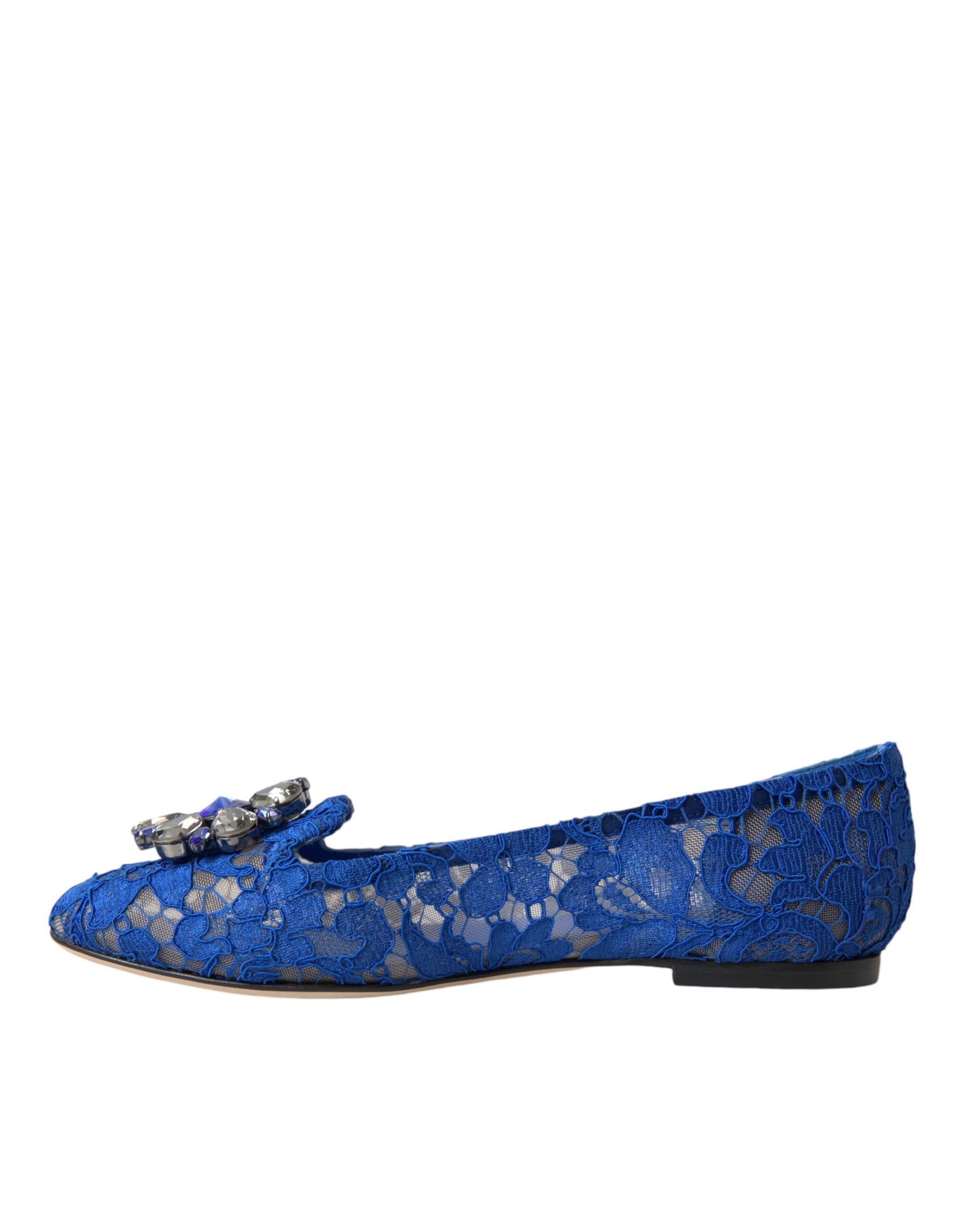 Dolce & Gabbana Blue Lace Crystal Ballet Flats Loafers Shoes | Regal Royce