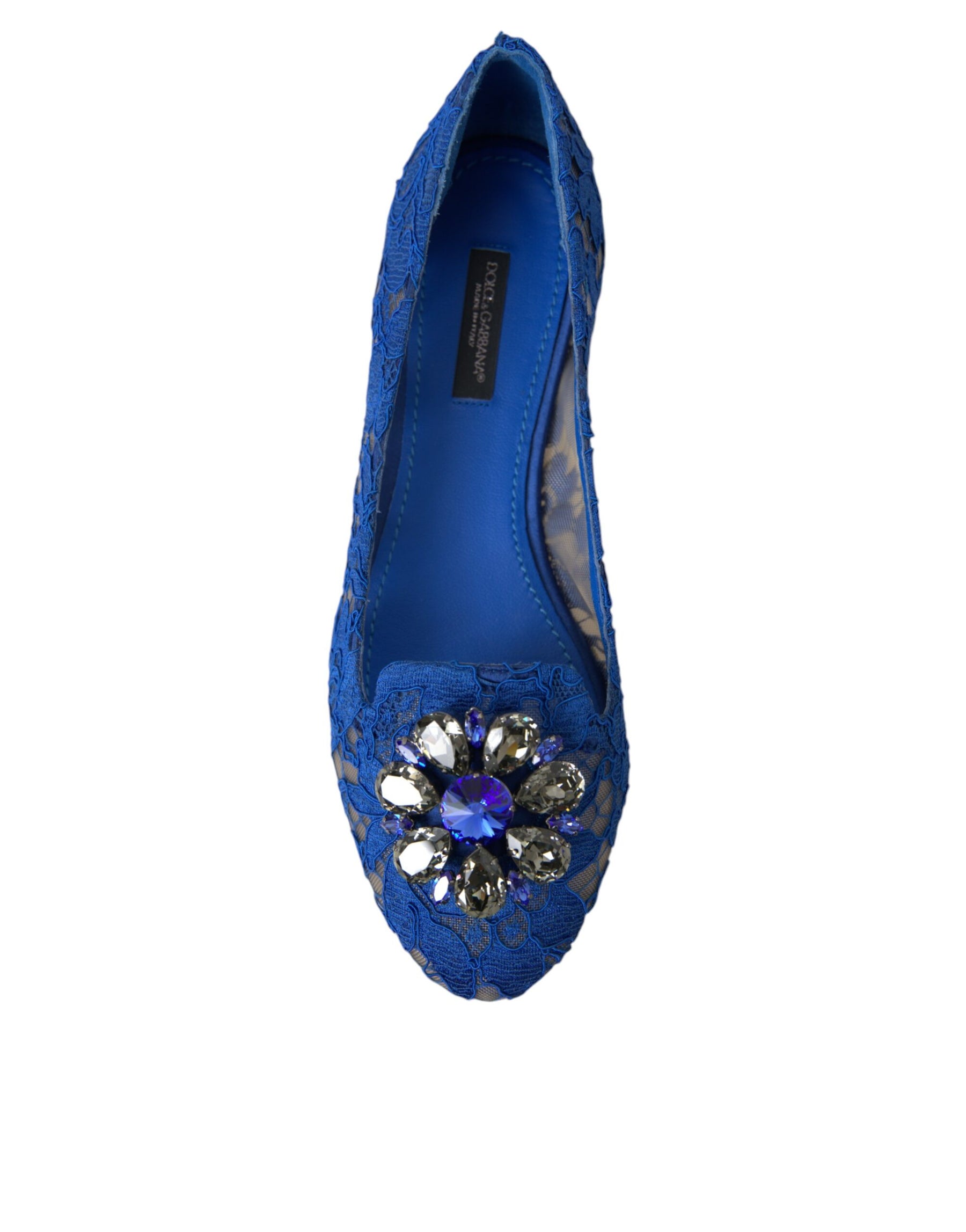 Dolce & Gabbana Blue Lace Crystal Ballet Flats Loafers Shoes | Regal Royce