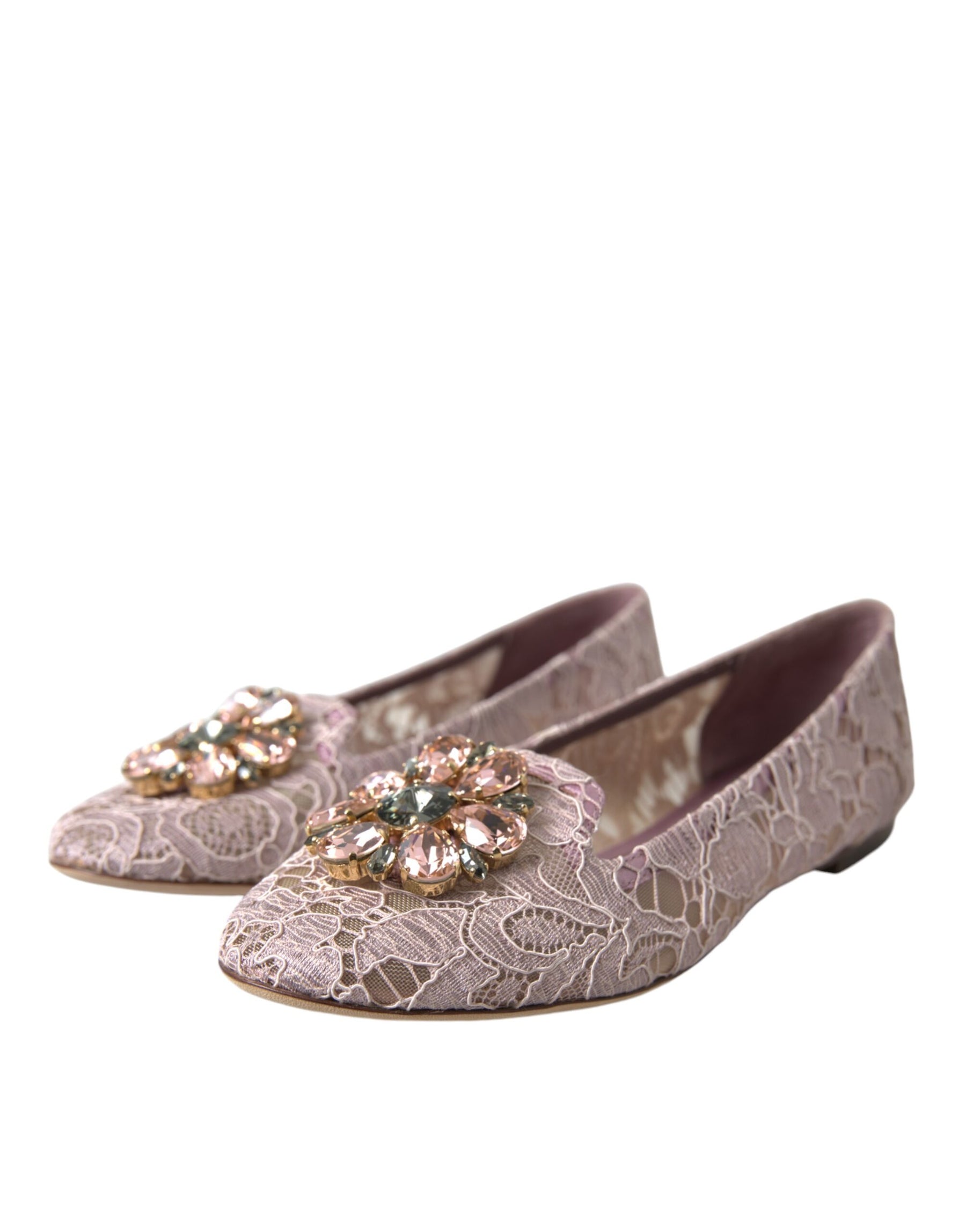 Dolce & Gabbana Pink Lace Crystal Ballet Flats Loafers Shoes | Regal Royce