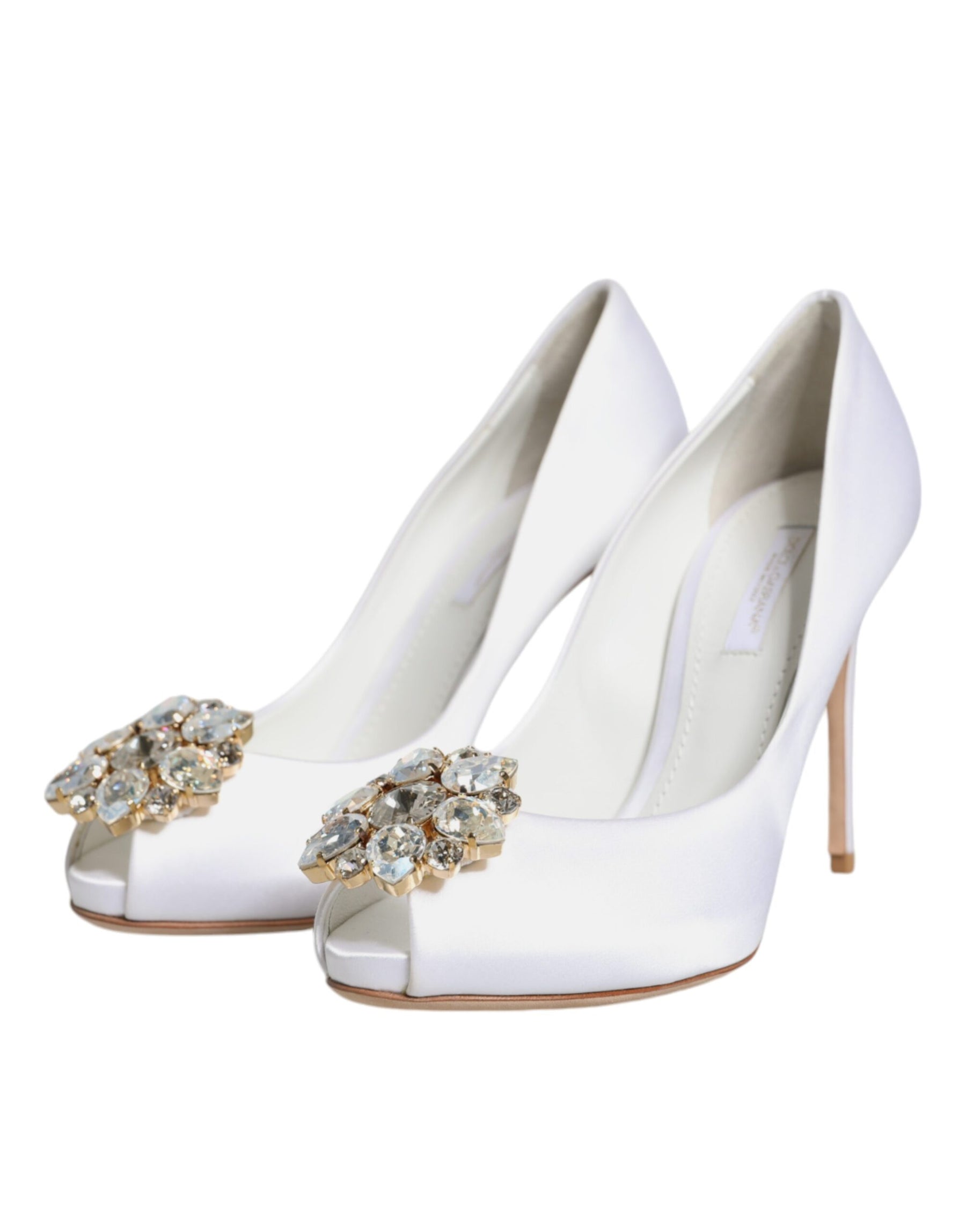 Dolce & Gabbana White Crystals Peep Toe Satin Pumps Shoes | Regal Royce