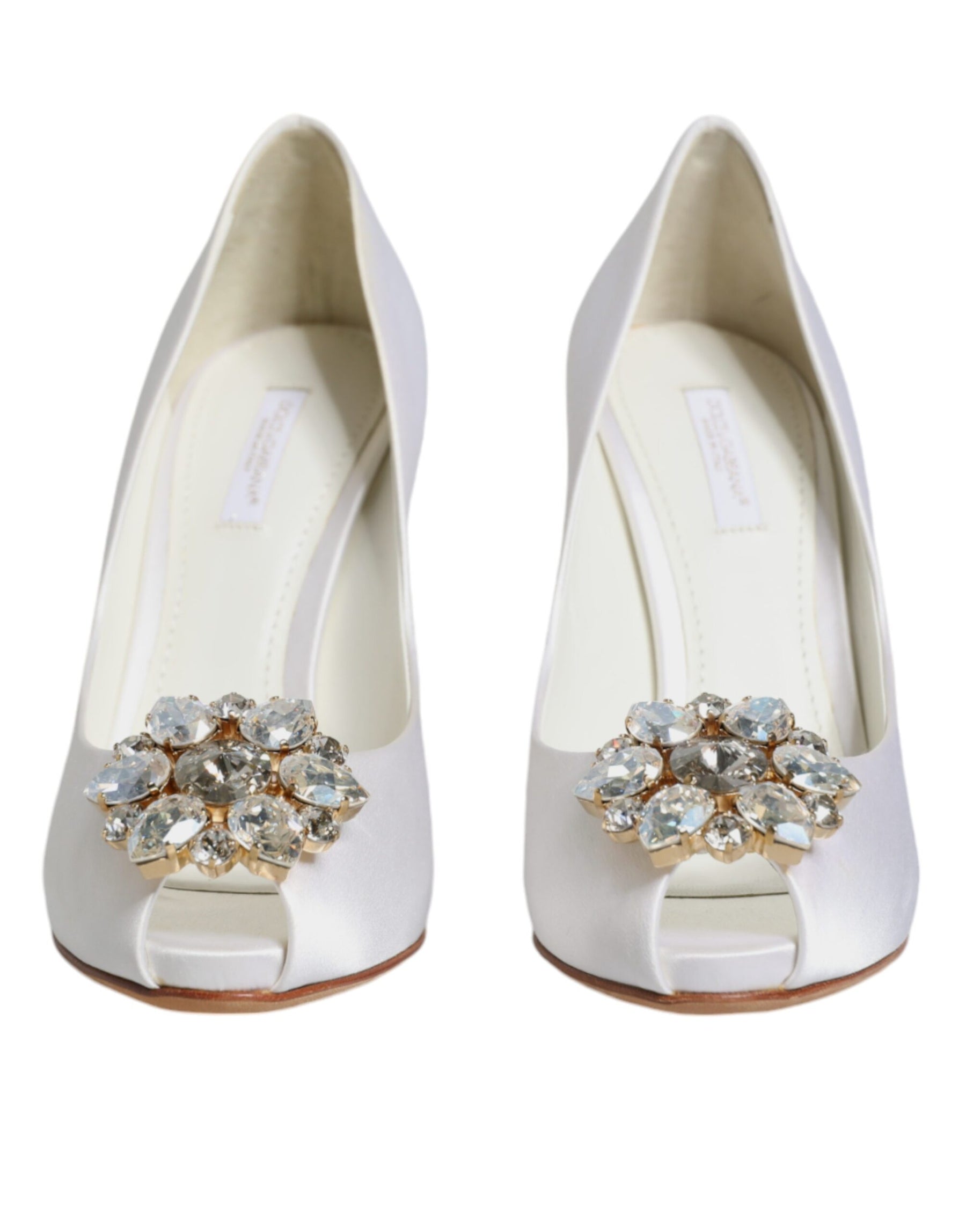Dolce & Gabbana White Crystals Peep Toe Satin Pumps Shoes | Regal Royce