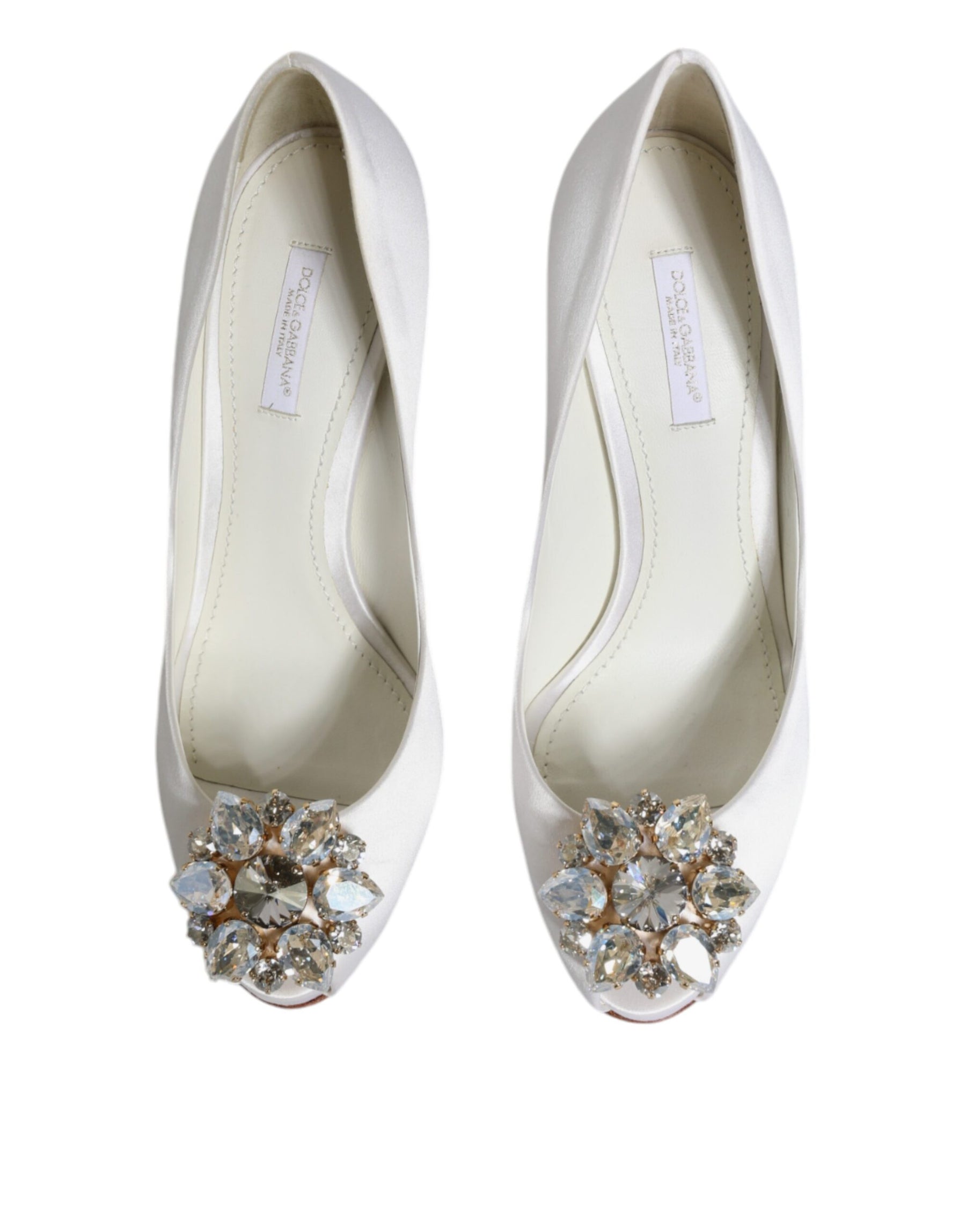 Dolce & Gabbana White Crystals Peep Toe Satin Pumps Shoes | Regal Royce