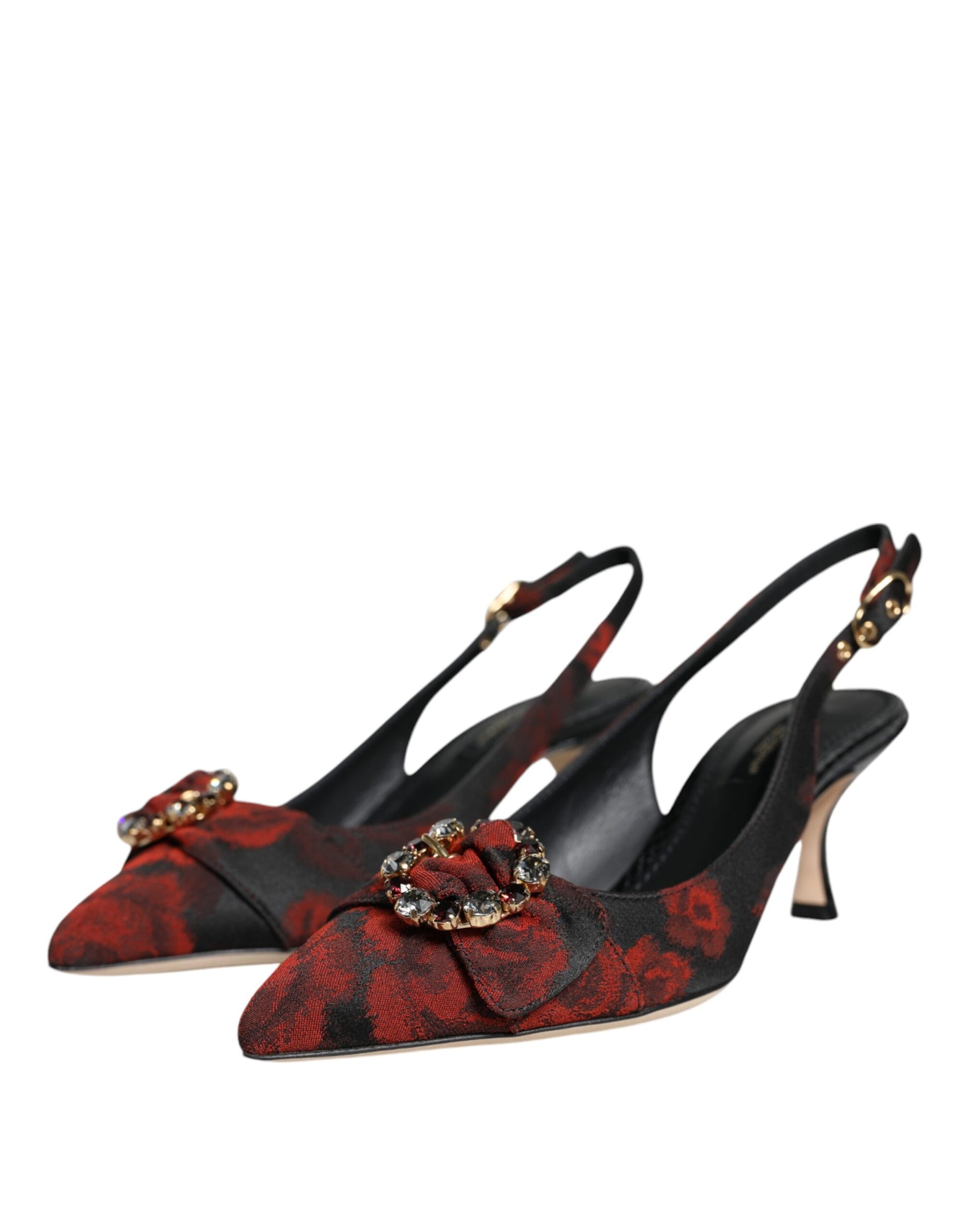 Dolce & Gabbana Black Red Floral Crystal Heel Slingback Shoes | Regal Royce