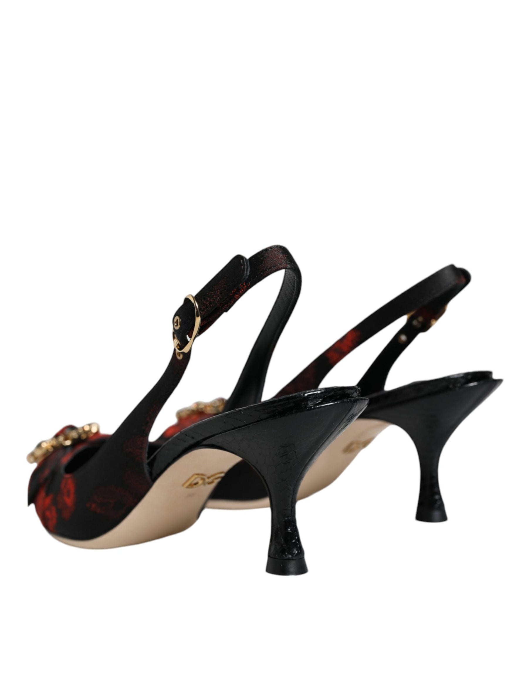 Dolce & Gabbana Black Red Floral Crystal Heel Slingback Shoes | Regal Royce