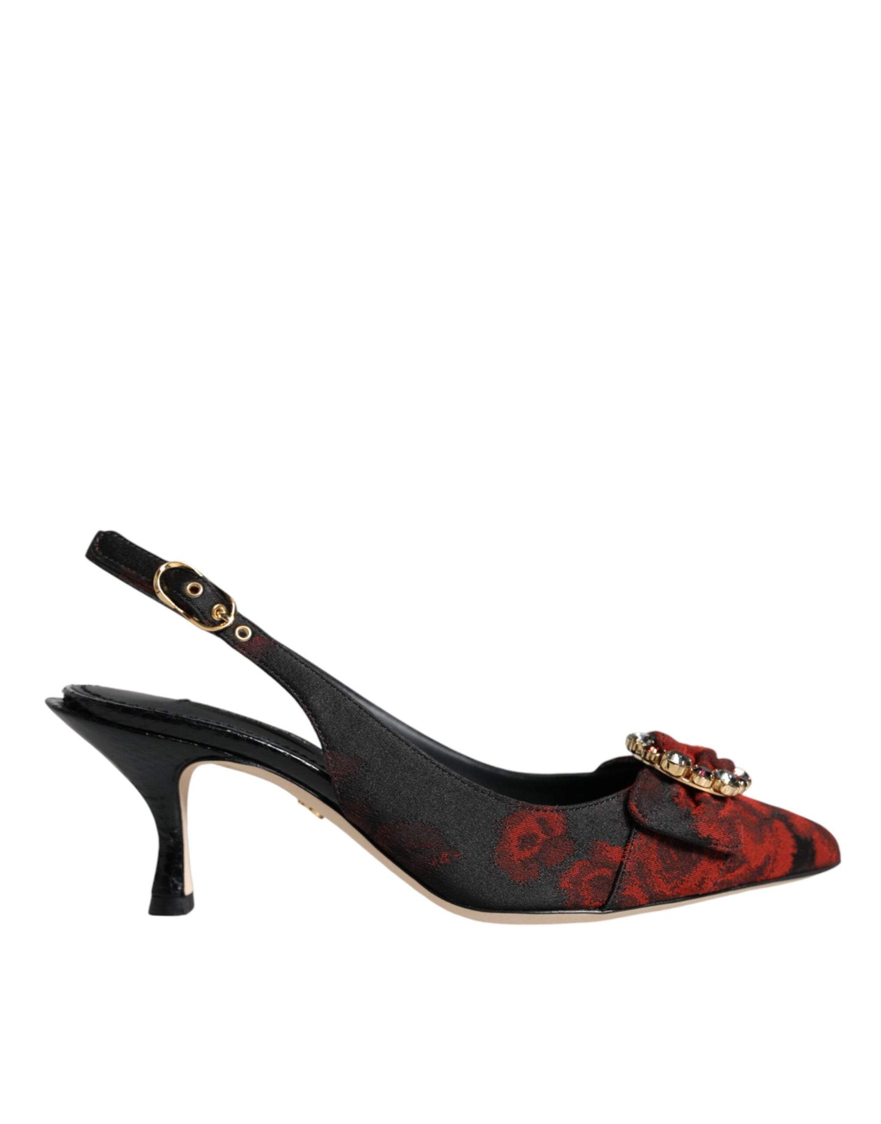 Dolce & Gabbana Black Red Floral Crystal Heel Slingback Shoes | Regal Royce