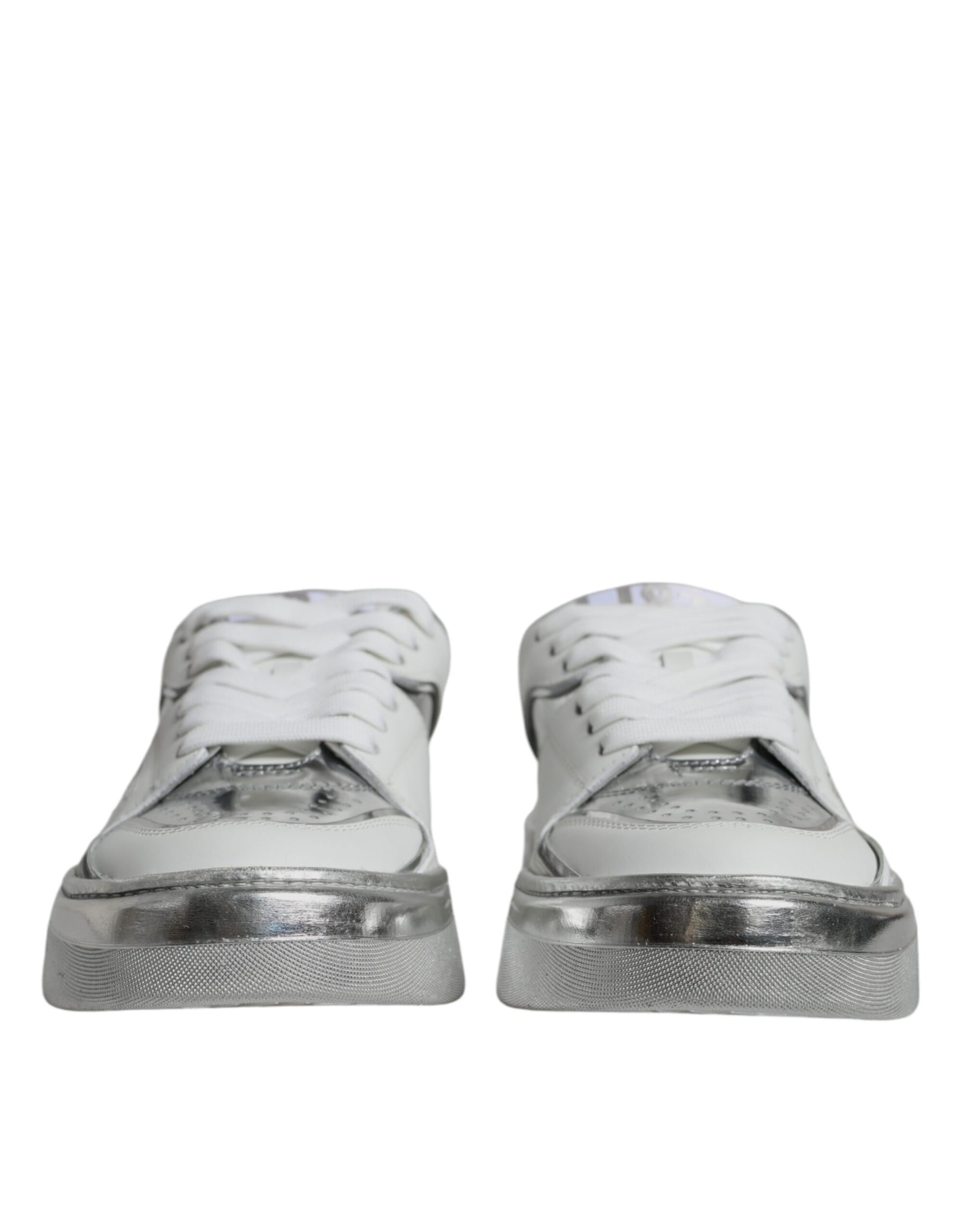 Dolce & Gabbana White Silver Leather Low Top Sneakers Shoes | Regal Royce