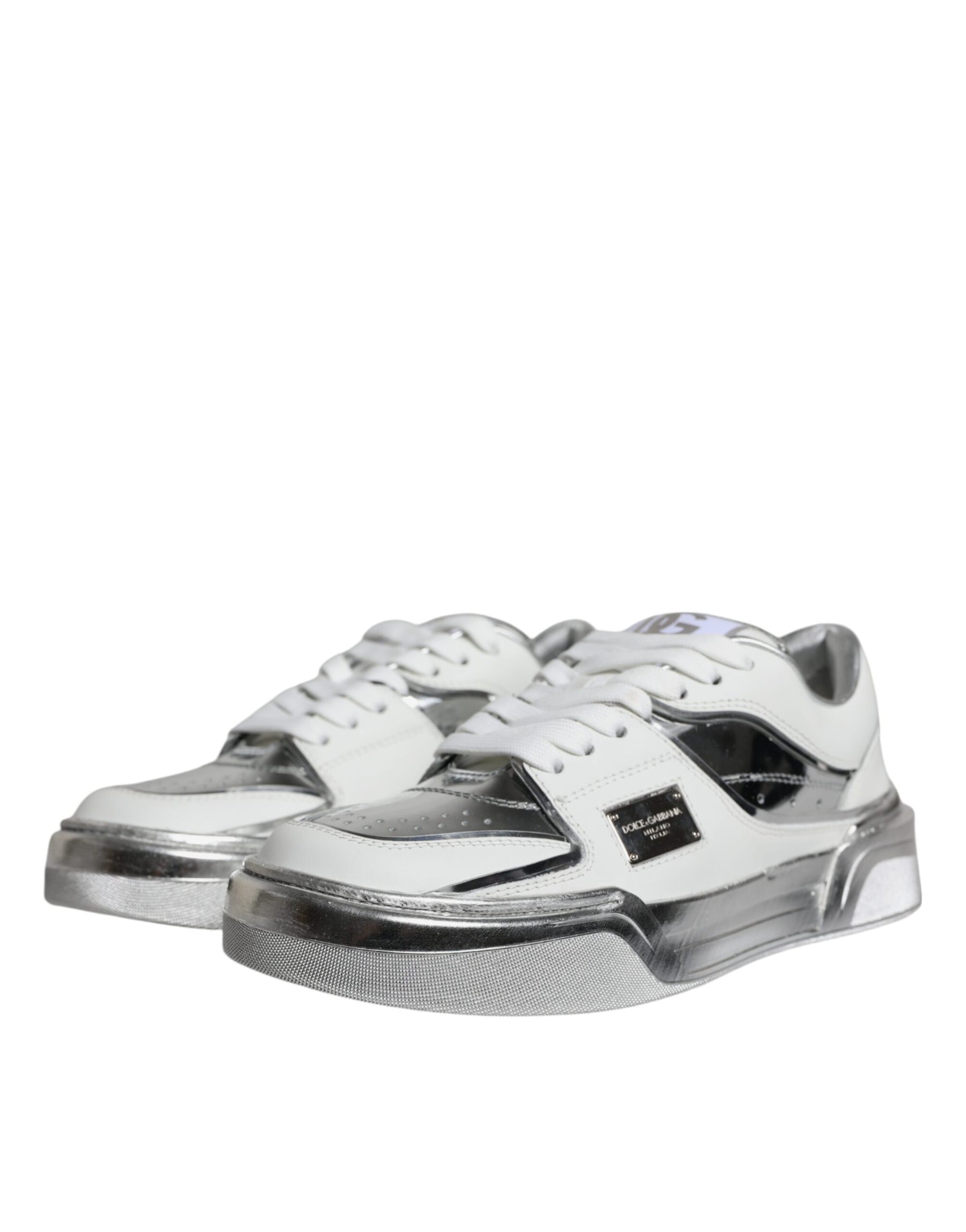 Dolce & Gabbana White Silver Leather Low Top Sneakers Shoes | Regal Royce