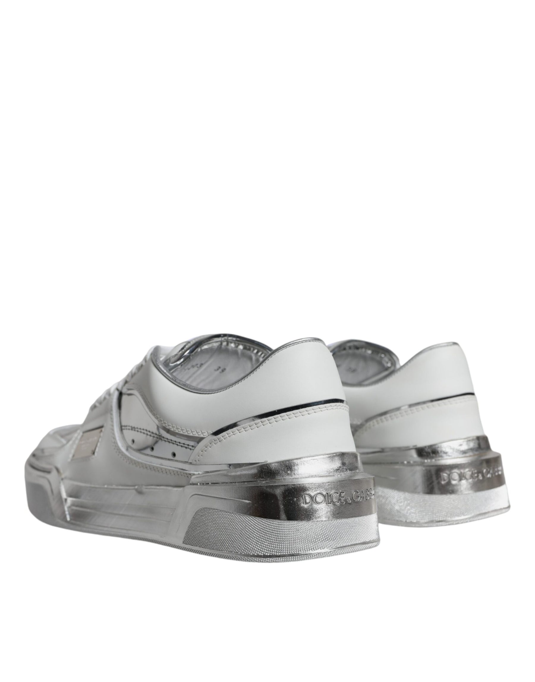 Dolce & Gabbana White Silver Leather Low Top Sneakers Shoes | Regal Royce
