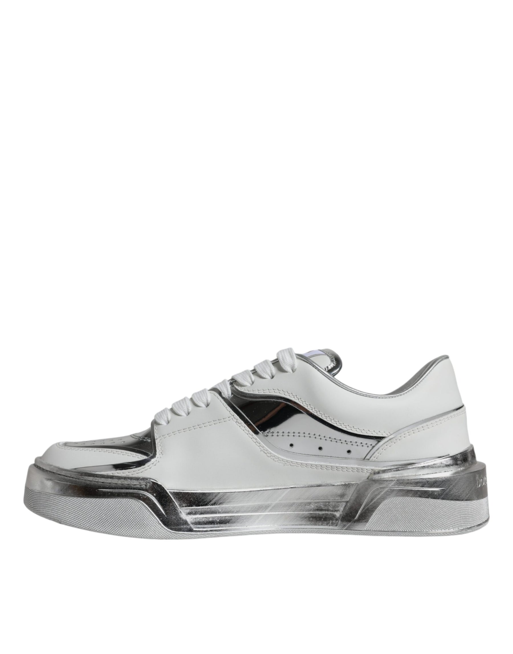 Dolce & Gabbana White Silver Leather Low Top Sneakers Shoes | Regal Royce