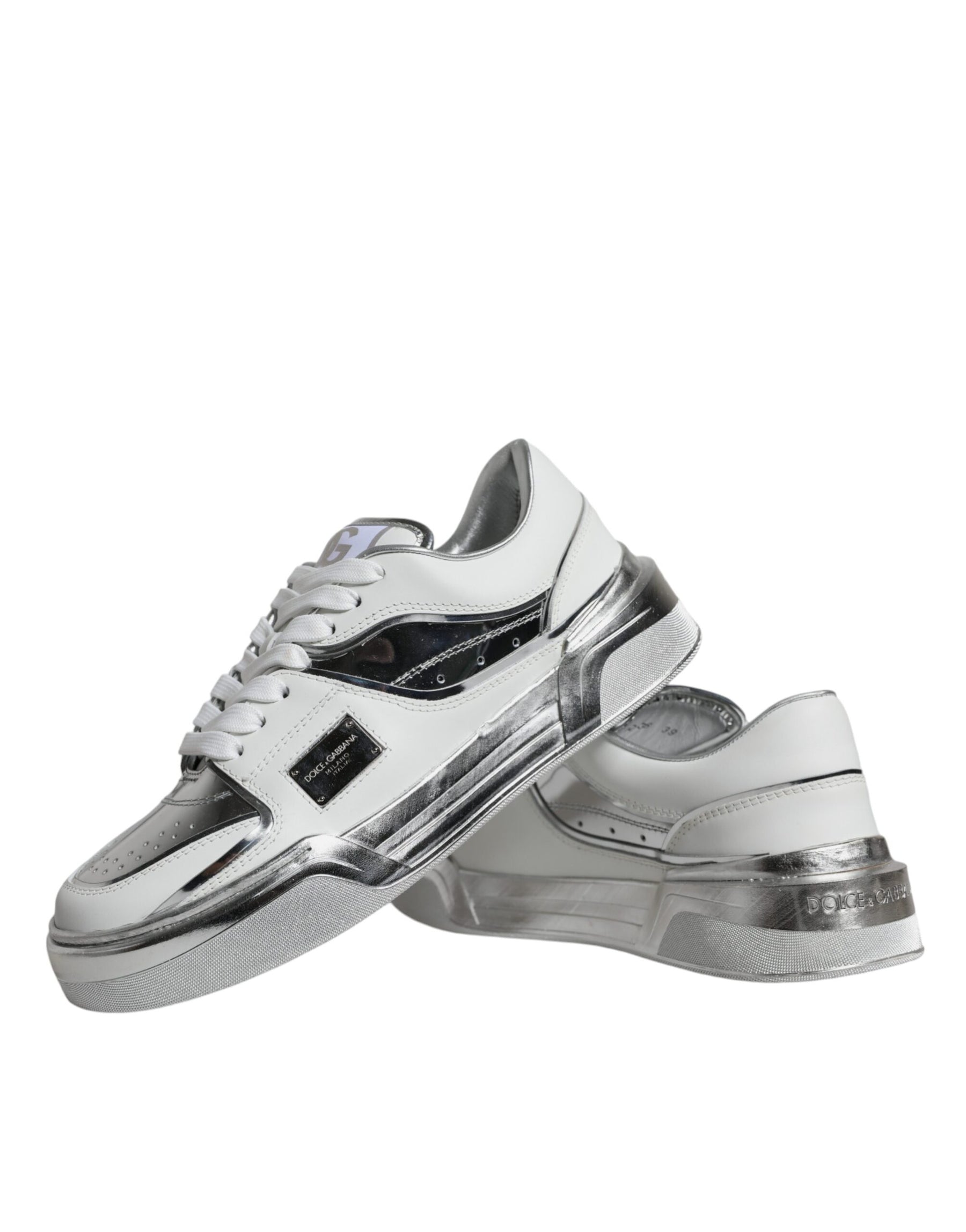 Dolce & Gabbana White Silver Leather Low Top Sneakers Shoes | Regal Royce
