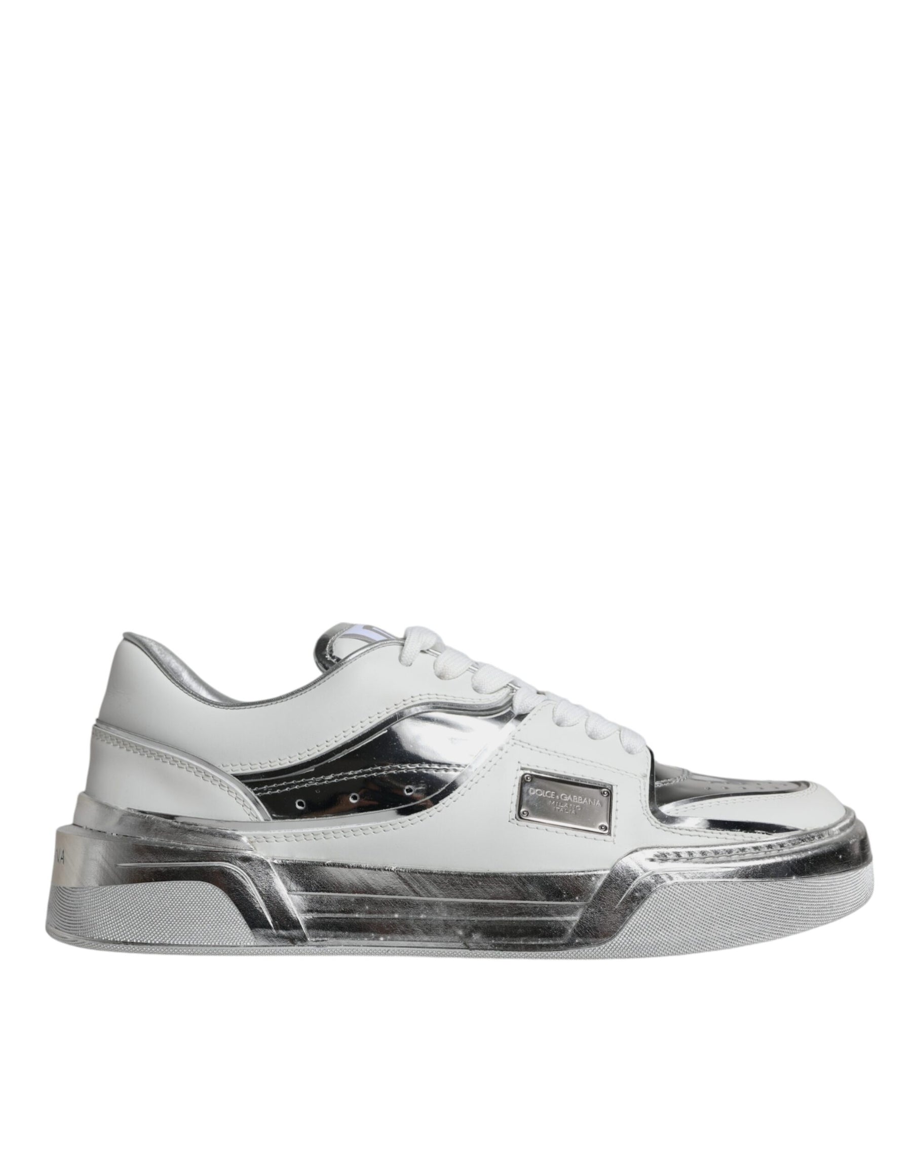 Dolce & Gabbana White Silver Leather Low Top Sneakers Shoes | Regal Royce