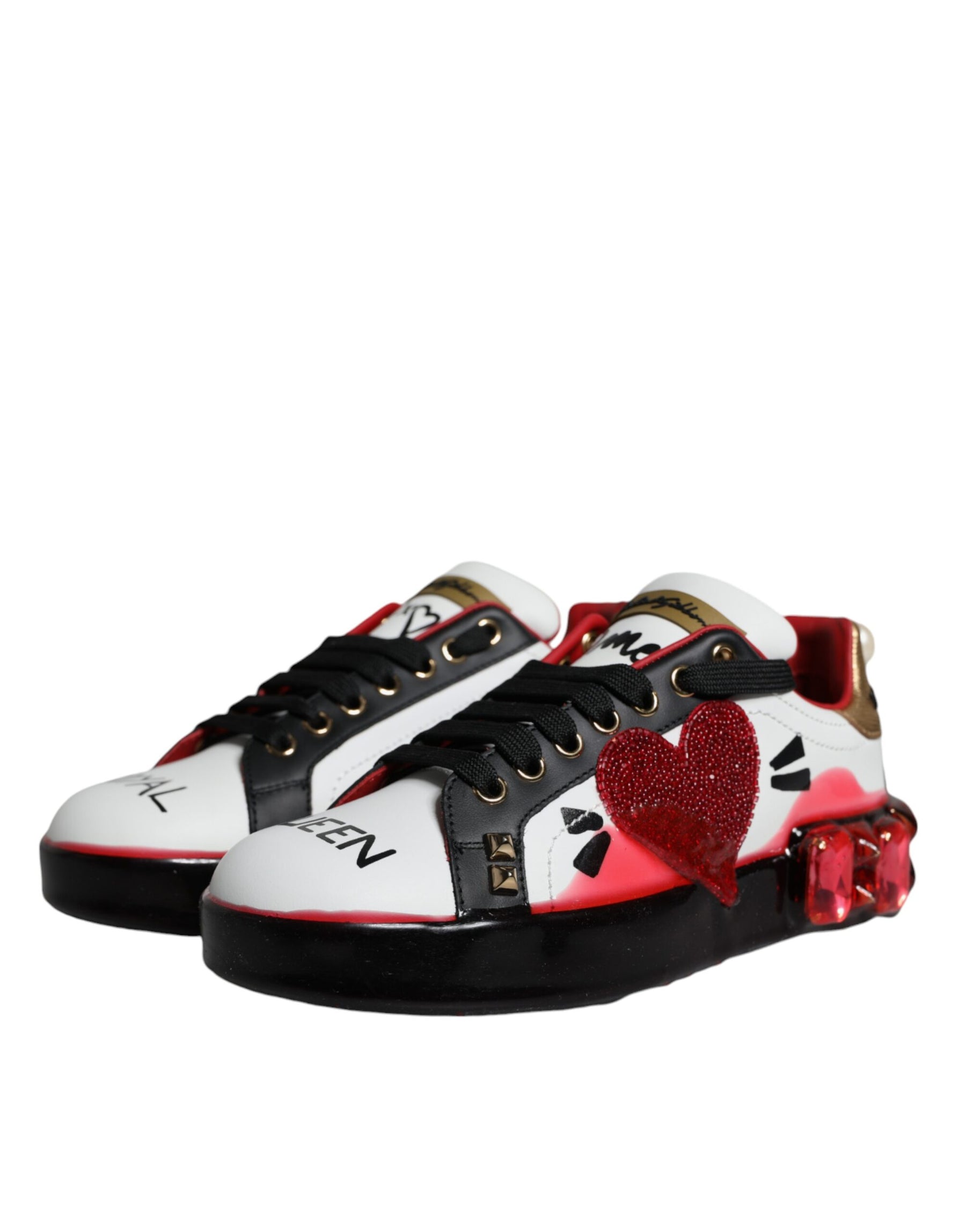 Dolce & Gabbana White Red Crystals Leather Portofino Sneakers Shoes | Regal Royce