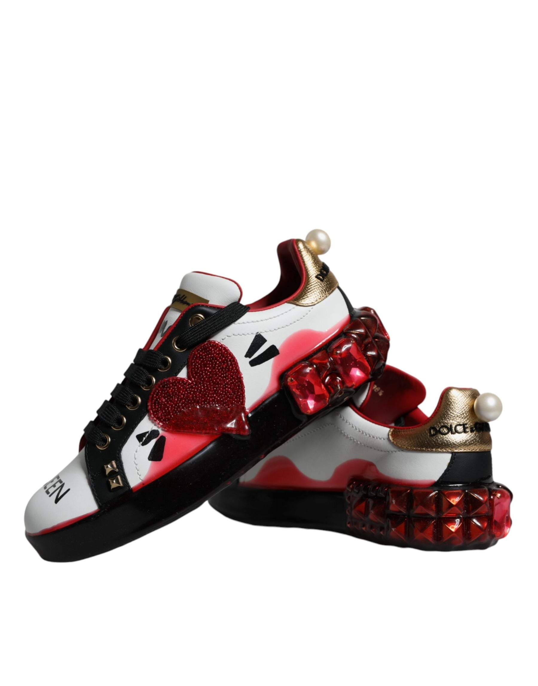 Dolce & Gabbana White Red Crystals Leather Portofino Sneakers Shoes | Regal Royce