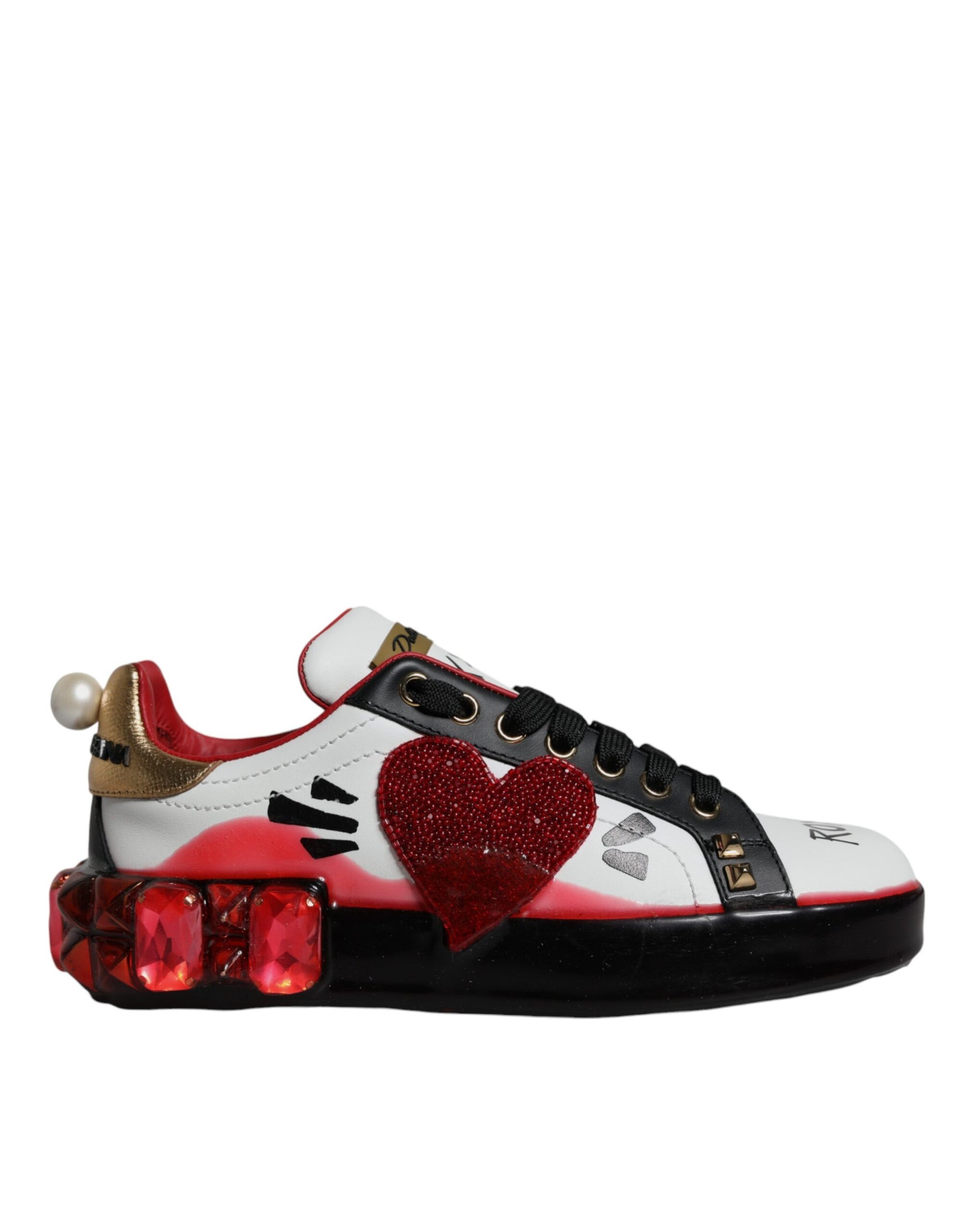 Dolce & Gabbana White Red Crystals Leather Portofino Sneakers Shoes | Regal Royce