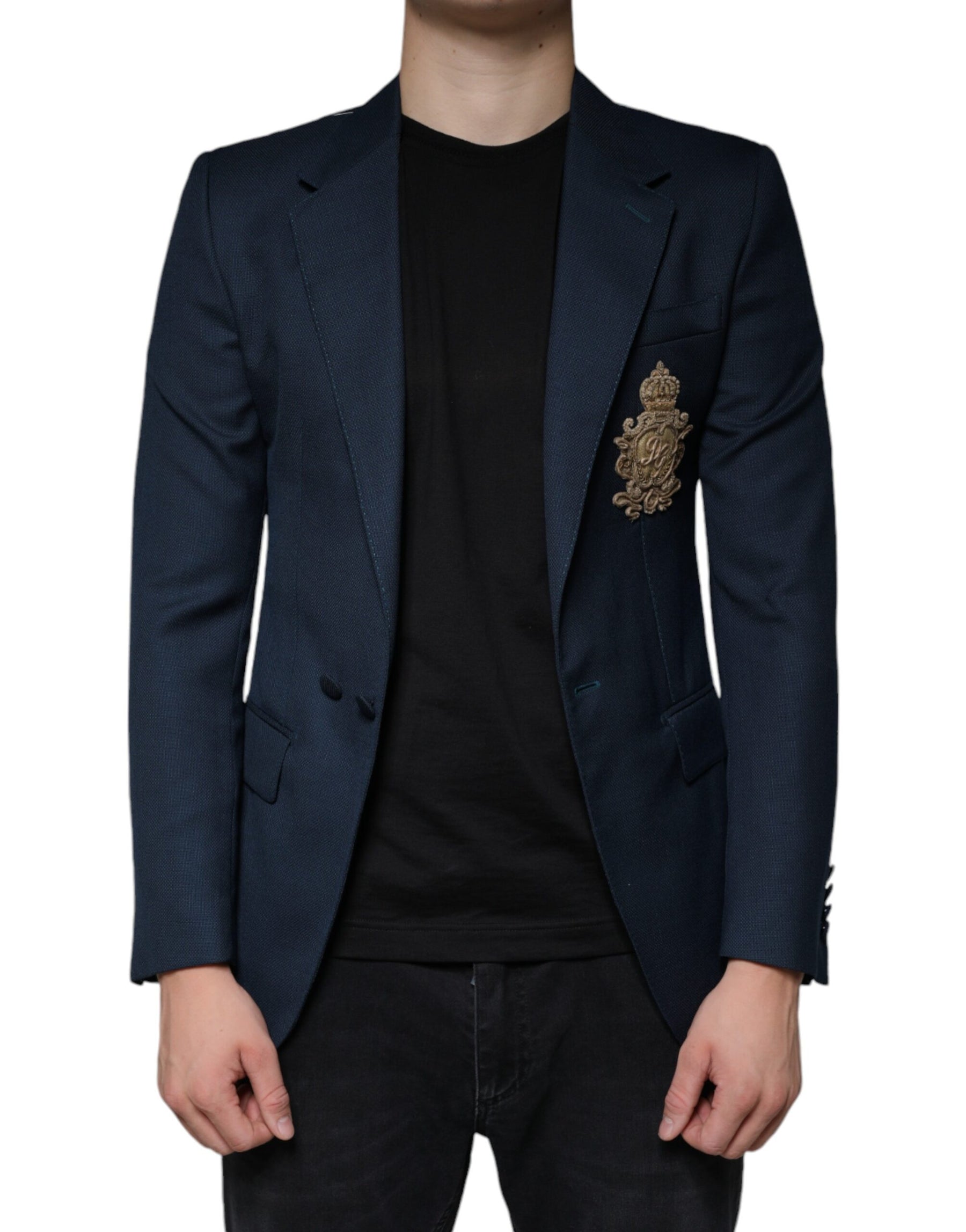 Dolce & Gabbana Blue Wool Logo Single Breasted Coat Blazer | Regal Royce