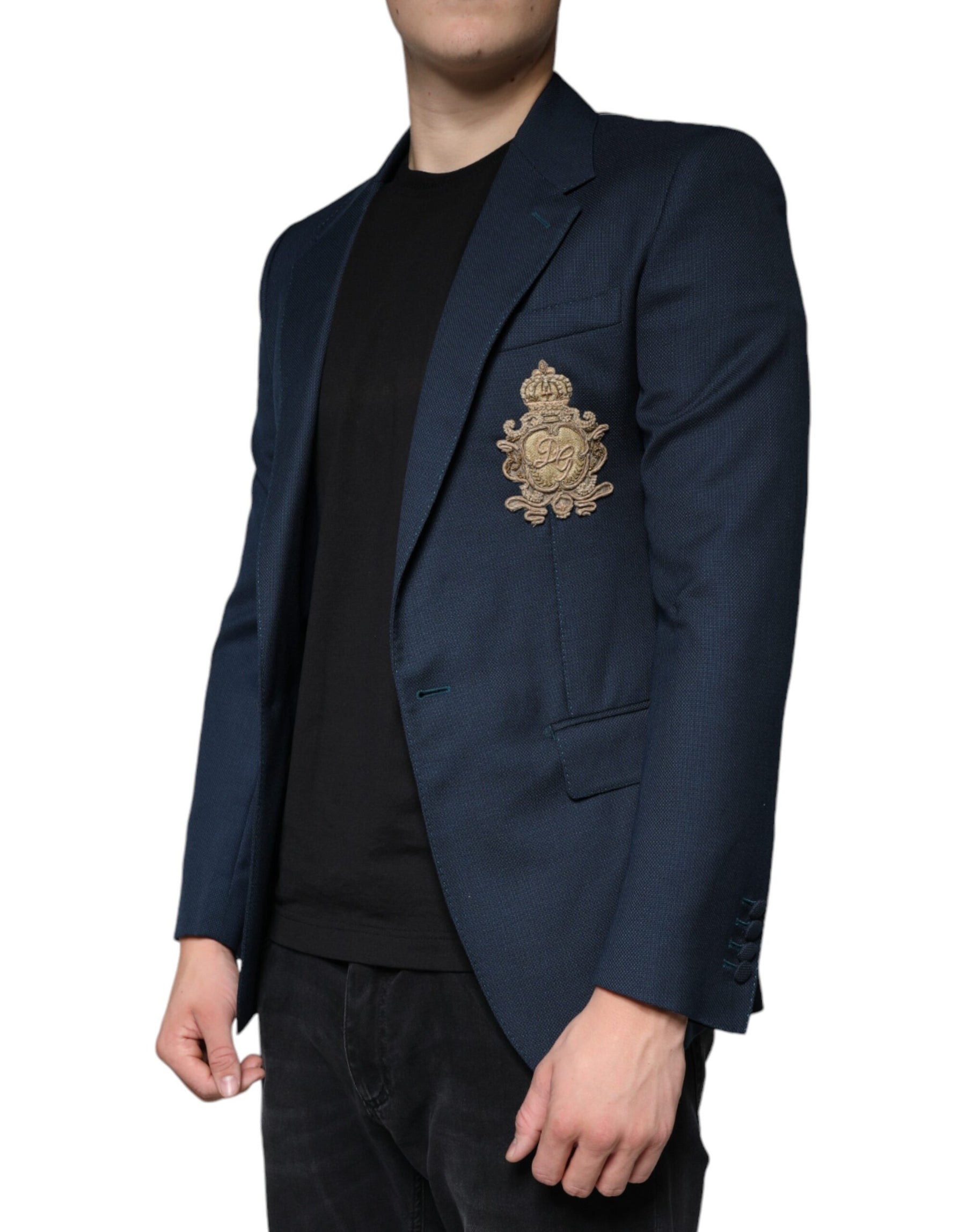 Dolce & Gabbana Blue Wool Logo Single Breasted Coat Blazer | Regal Royce
