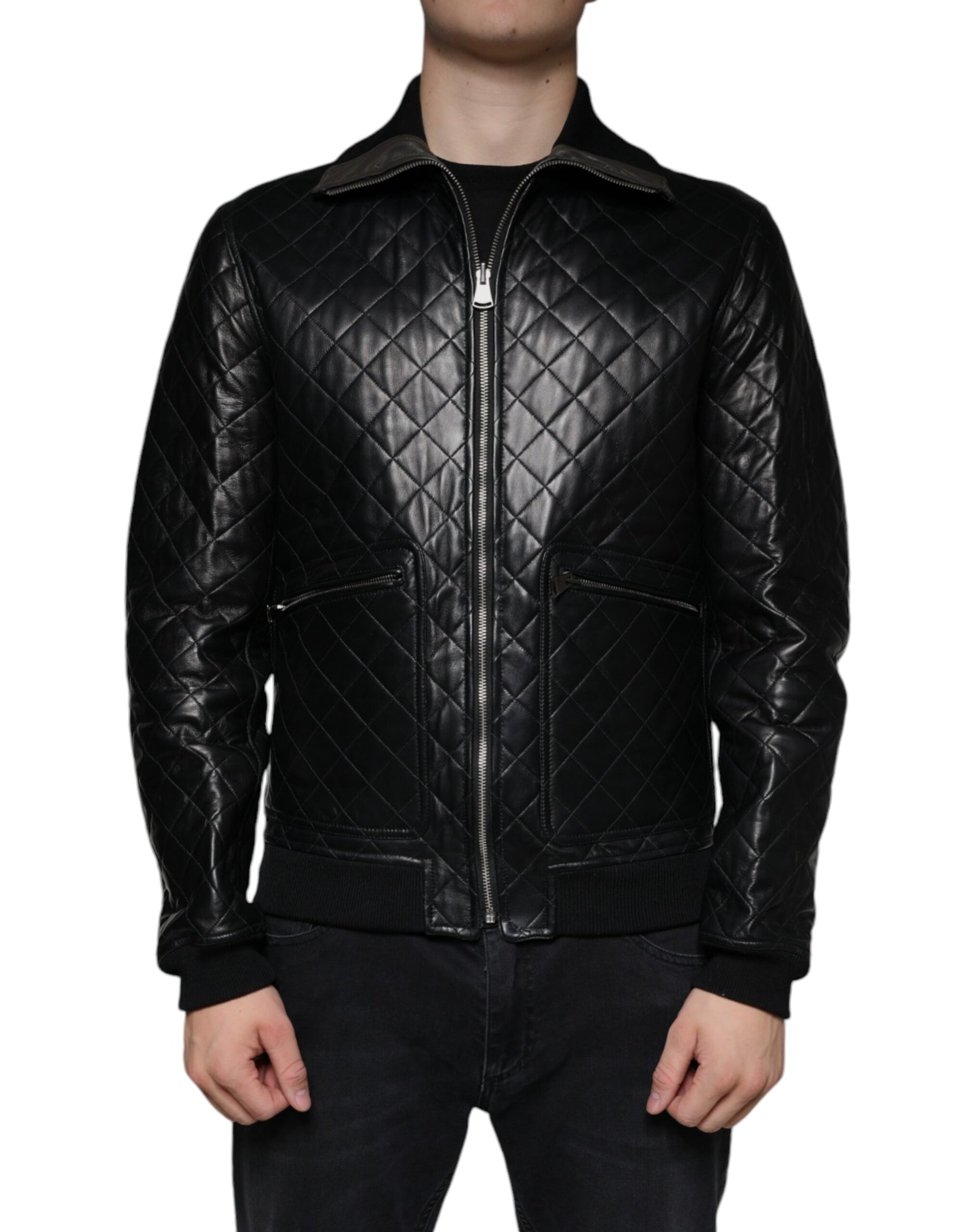 Dolce & Gabbana Black Calf Leather Quilted Full Zip Jacket | Regal Royce