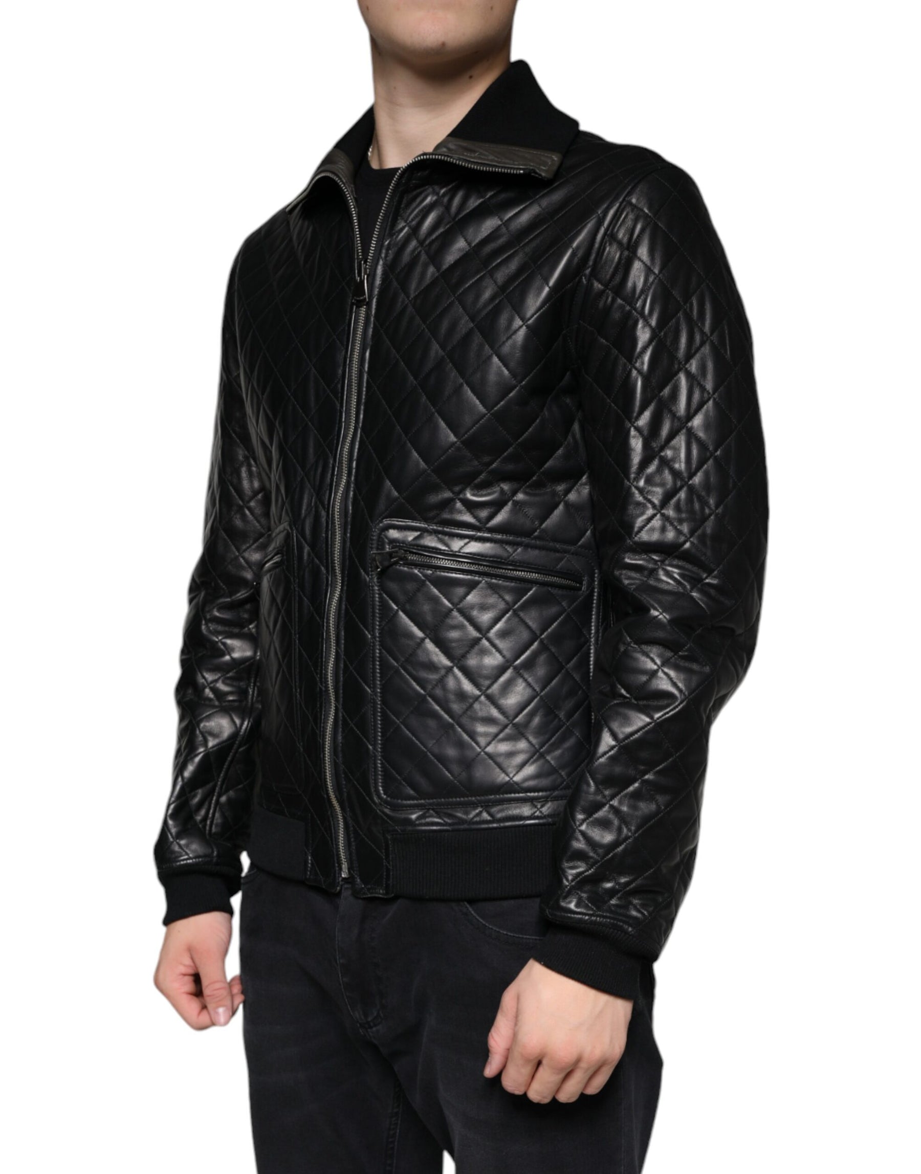 Dolce & Gabbana Black Calf Leather Quilted Full Zip Jacket | Regal Royce