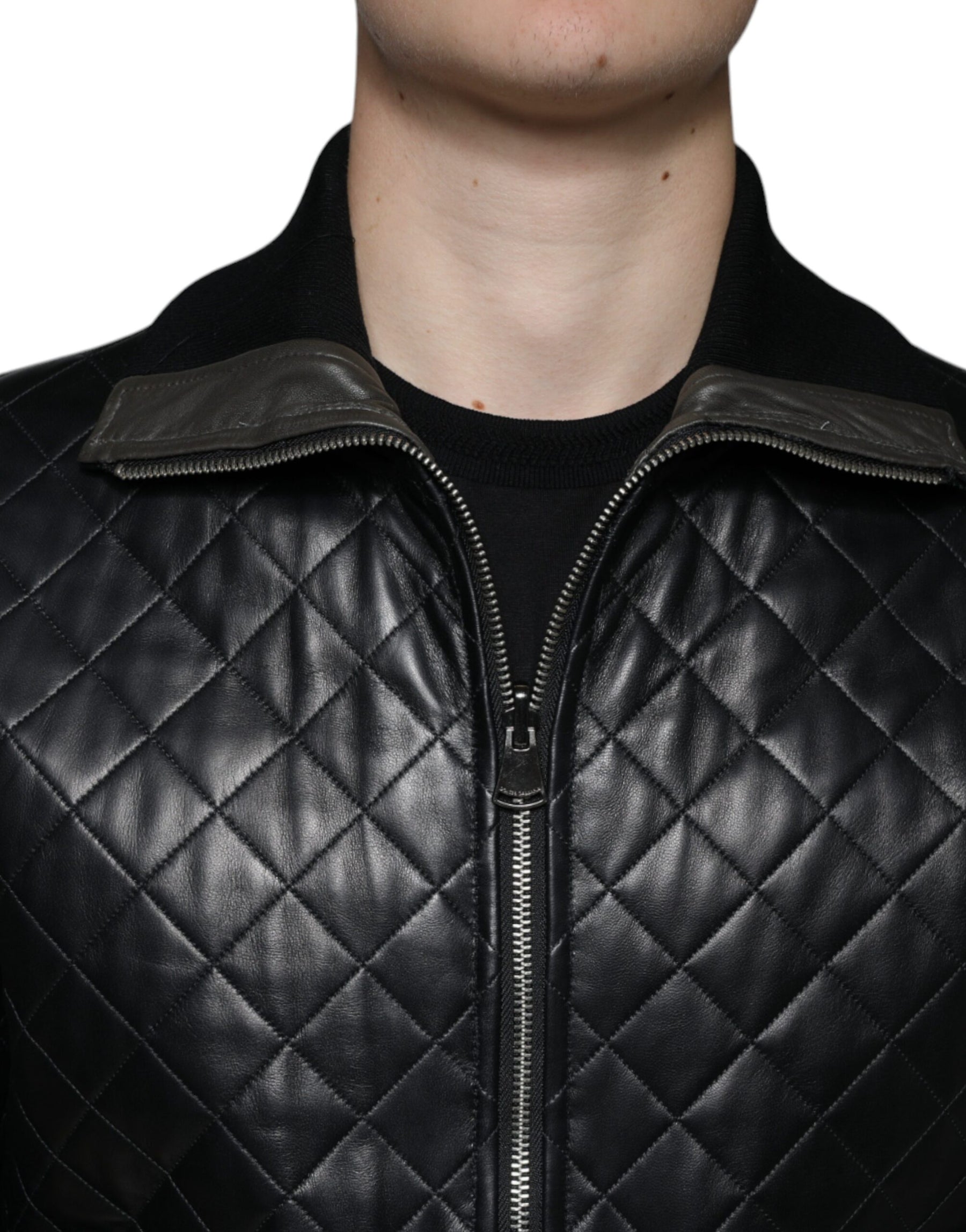 Dolce & Gabbana Black Calf Leather Quilted Full Zip Jacket | Regal Royce
