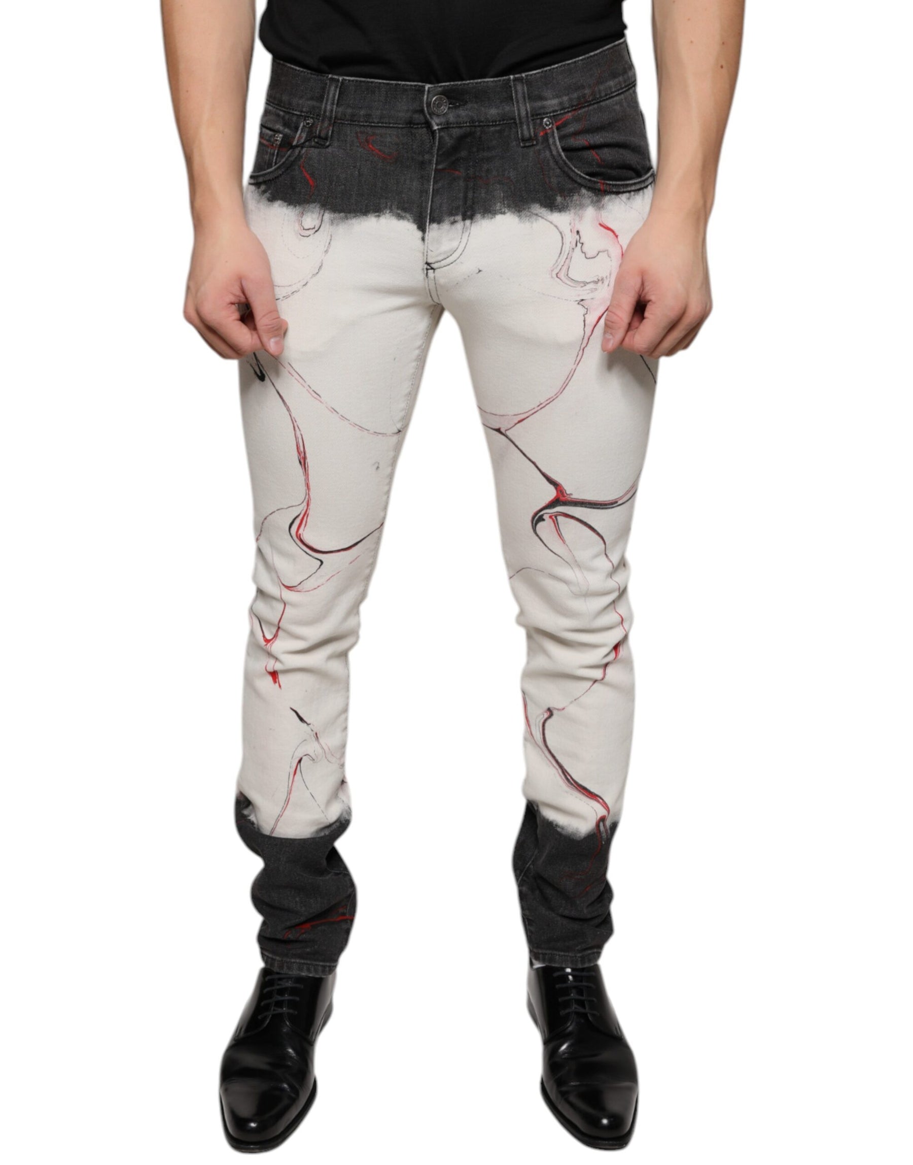 Dolce & Gabbana Black White Printed Skinny Men Denim Jeans | Regal Royce