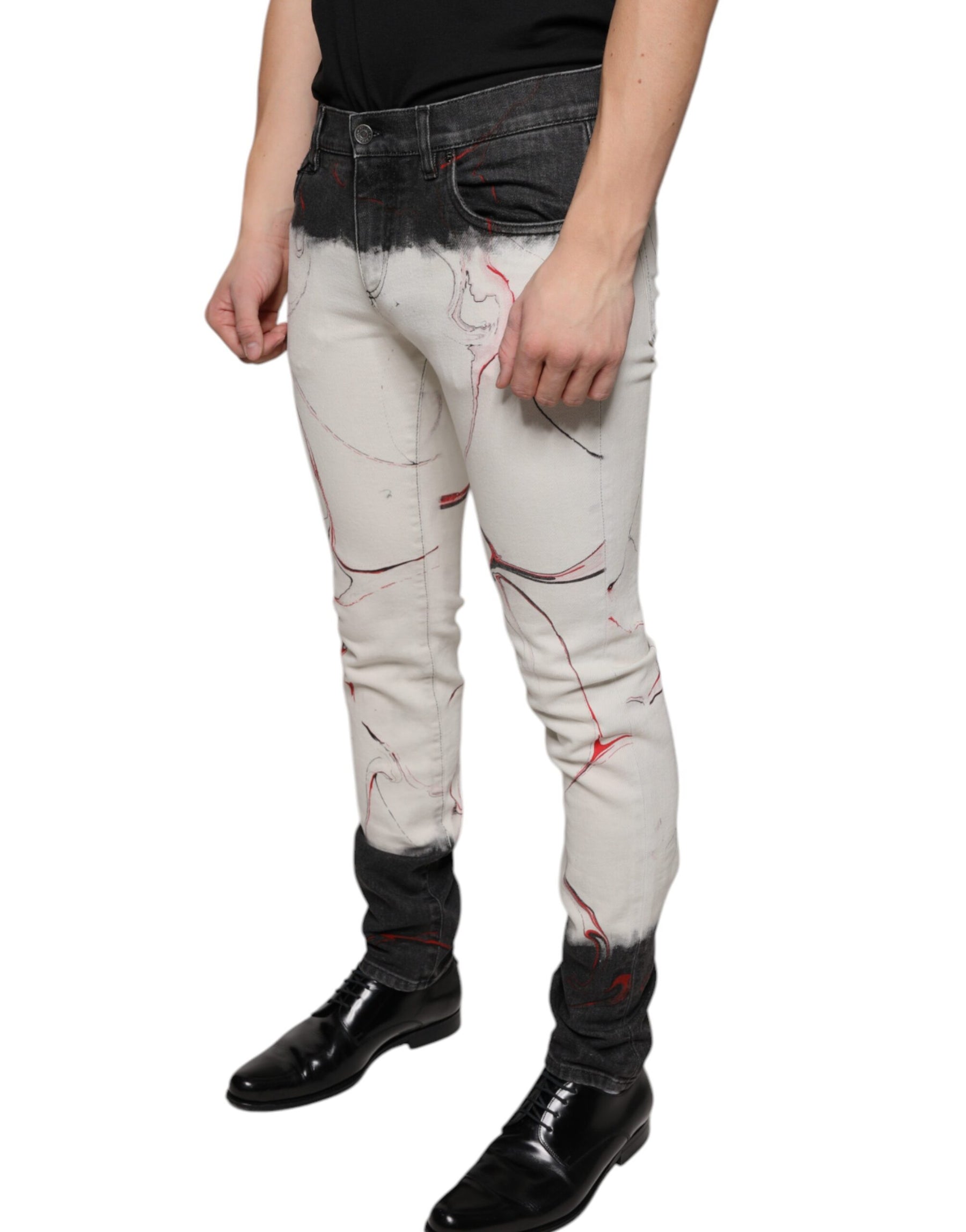Dolce & Gabbana Black White Printed Skinny Men Denim Jeans | Regal Royce