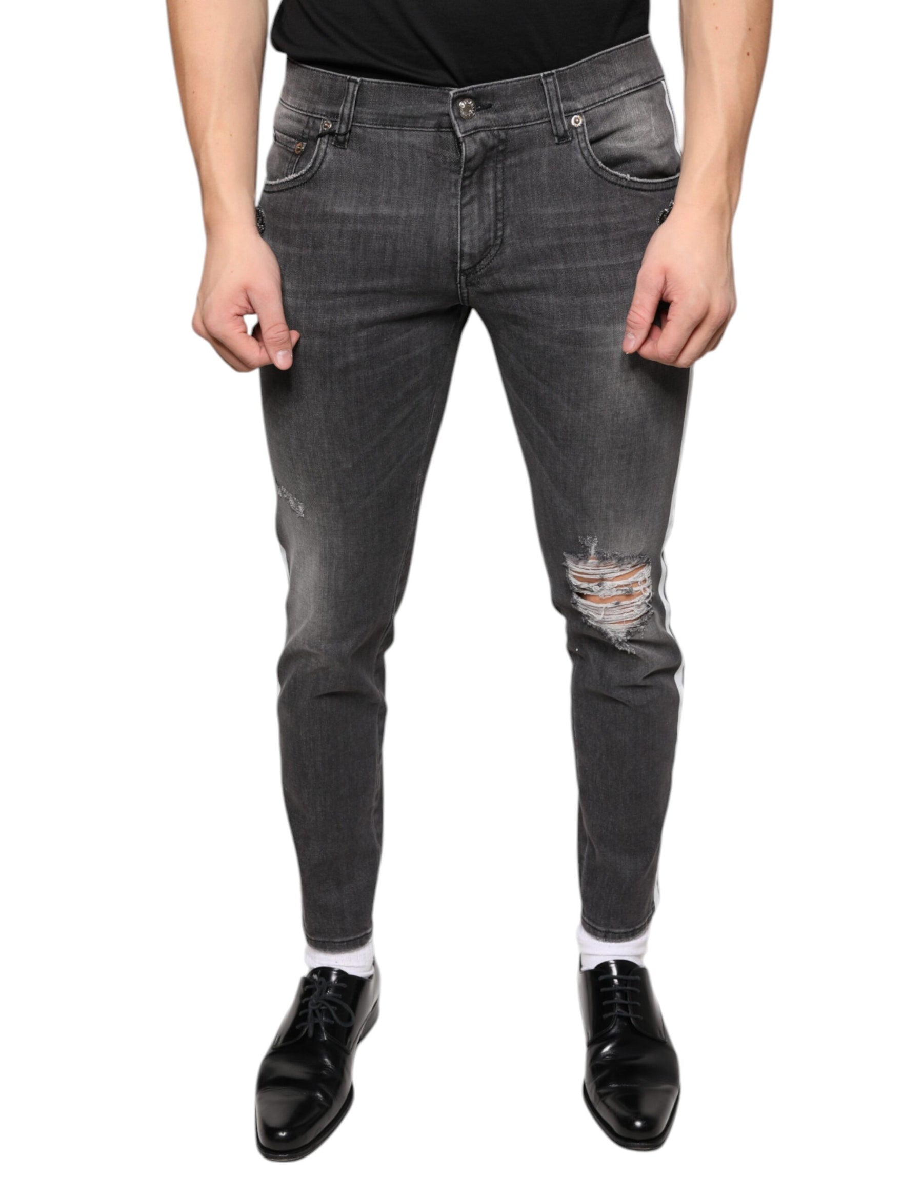 Dolce & Gabbana Black Tattered Cotton Skinny Men Denim Jeans | Regal Royce