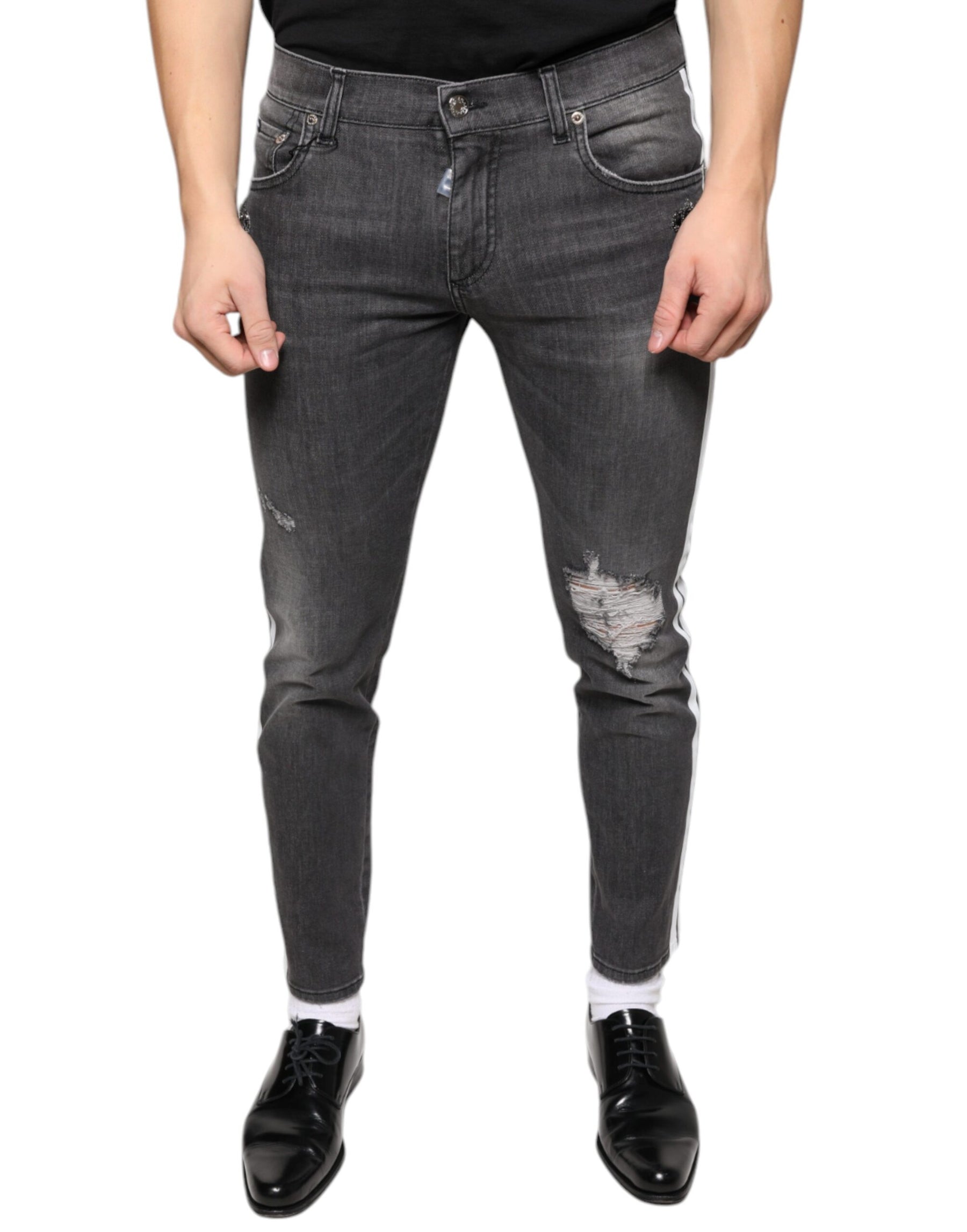 Dolce & Gabbana Black Tattered Cotton Skinny Men Denim Jeans | Regal Royce
