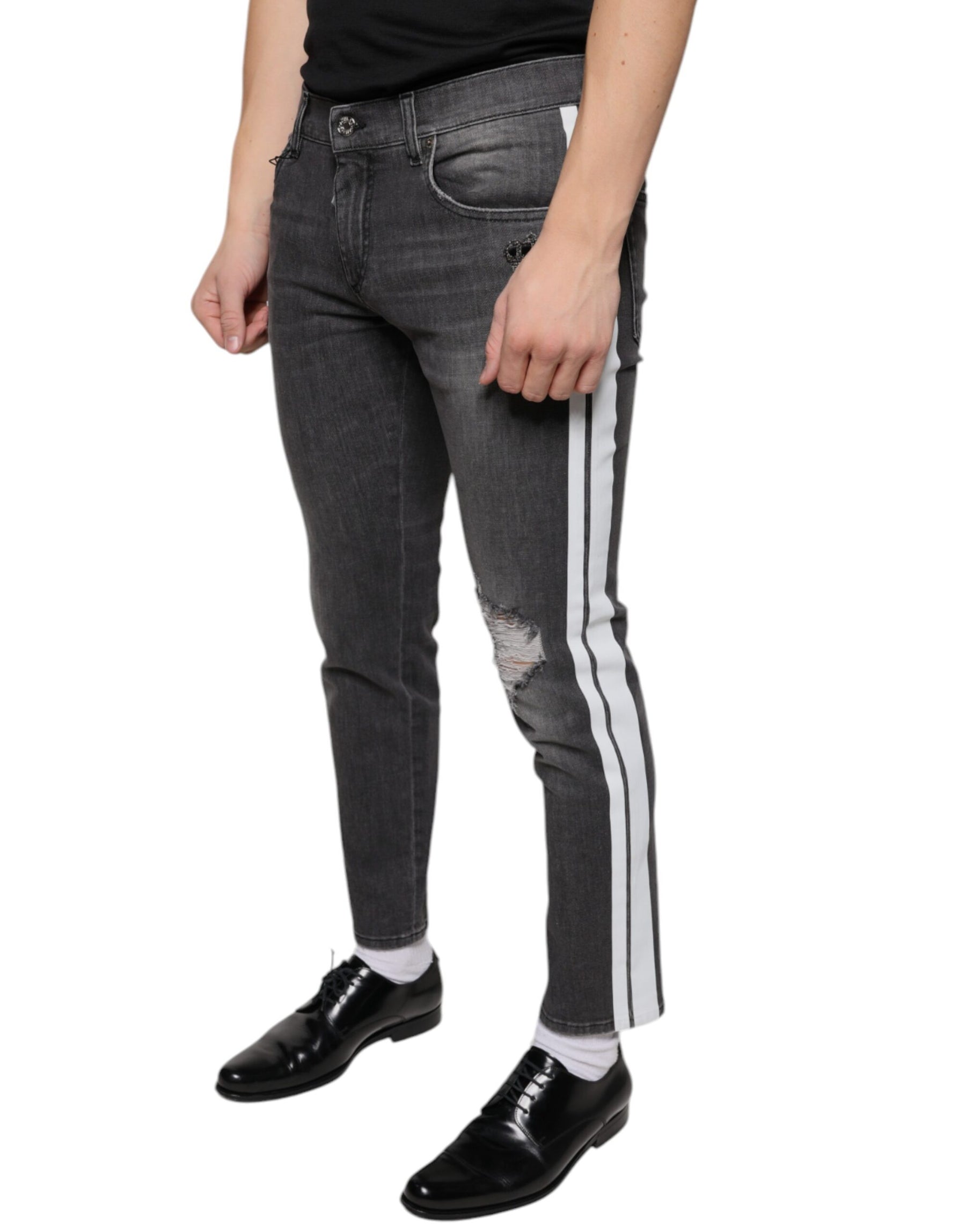 Dolce & Gabbana Black Tattered Cotton Skinny Men Denim Jeans | Regal Royce