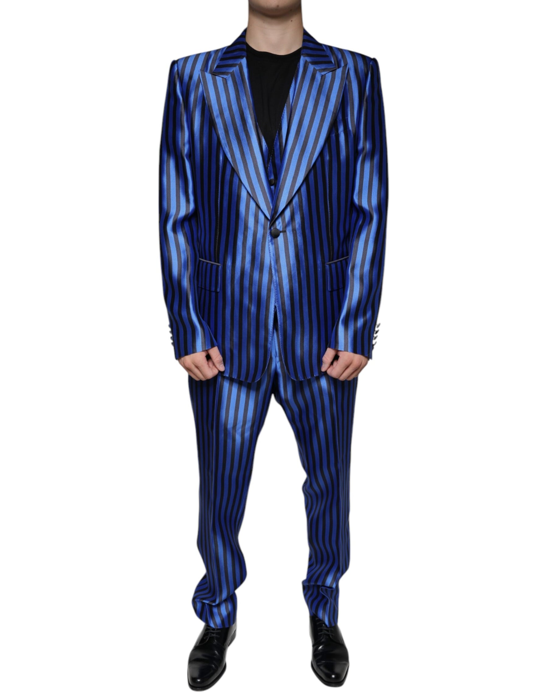 Dolce & Gabbana Metallic Blue Stripes Formal 3 Piece Suit | Regal Royce