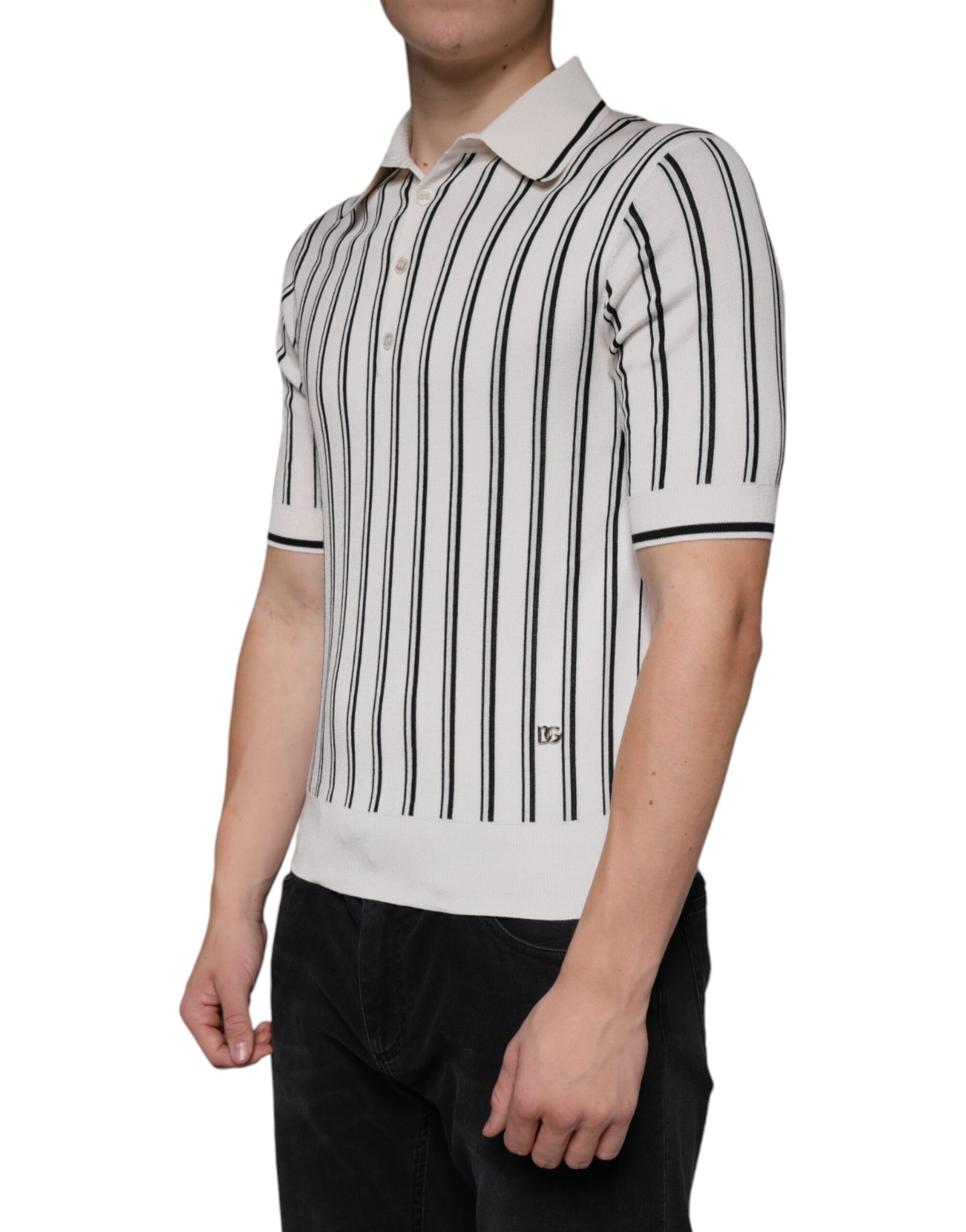 Dolce & Gabbana White Black Stripe Polo Short Sleeve T-shirt | Regal Royce