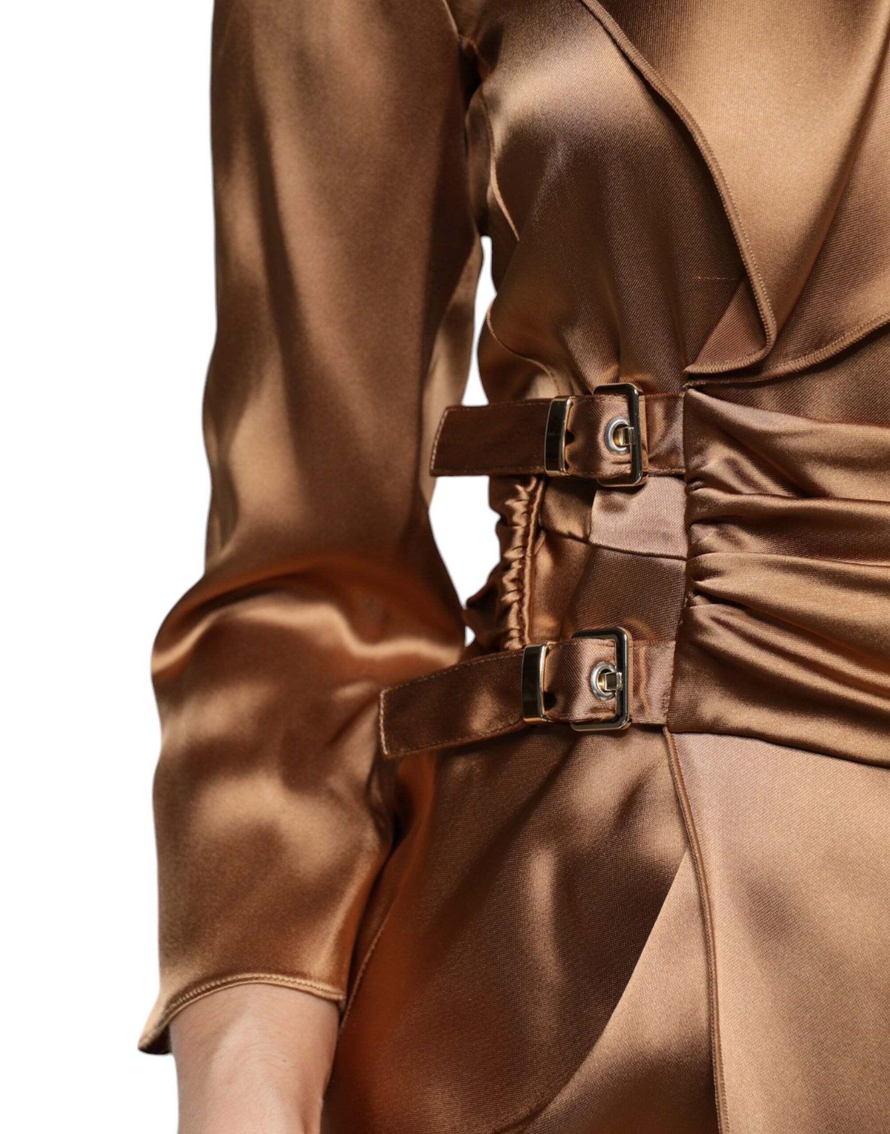 Emporio Armani Brown Satin Long Sleeves Wrap Sheath Mini Dress | Regal Royce