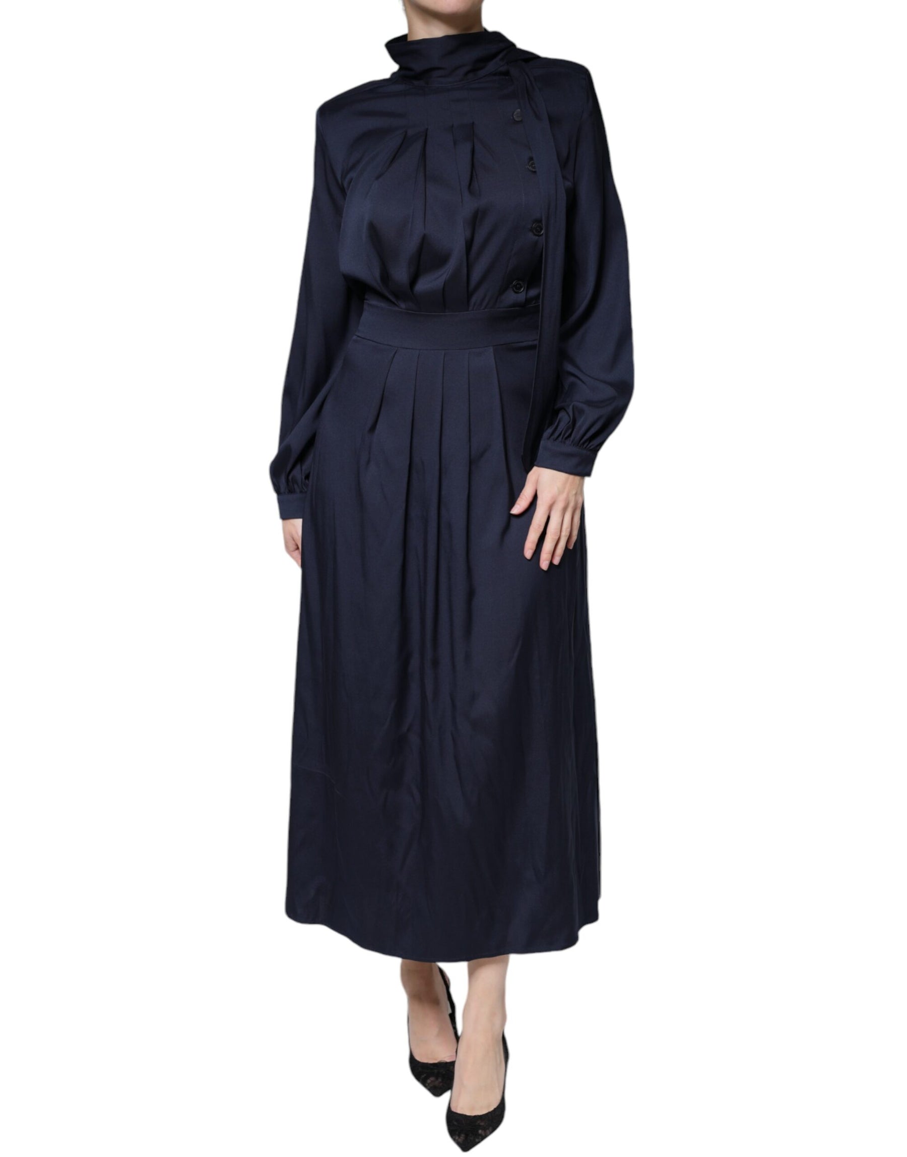 Ballantyne Dark Blue Long Sleeves Pleated A-line Maxi Dress | Regal Royce