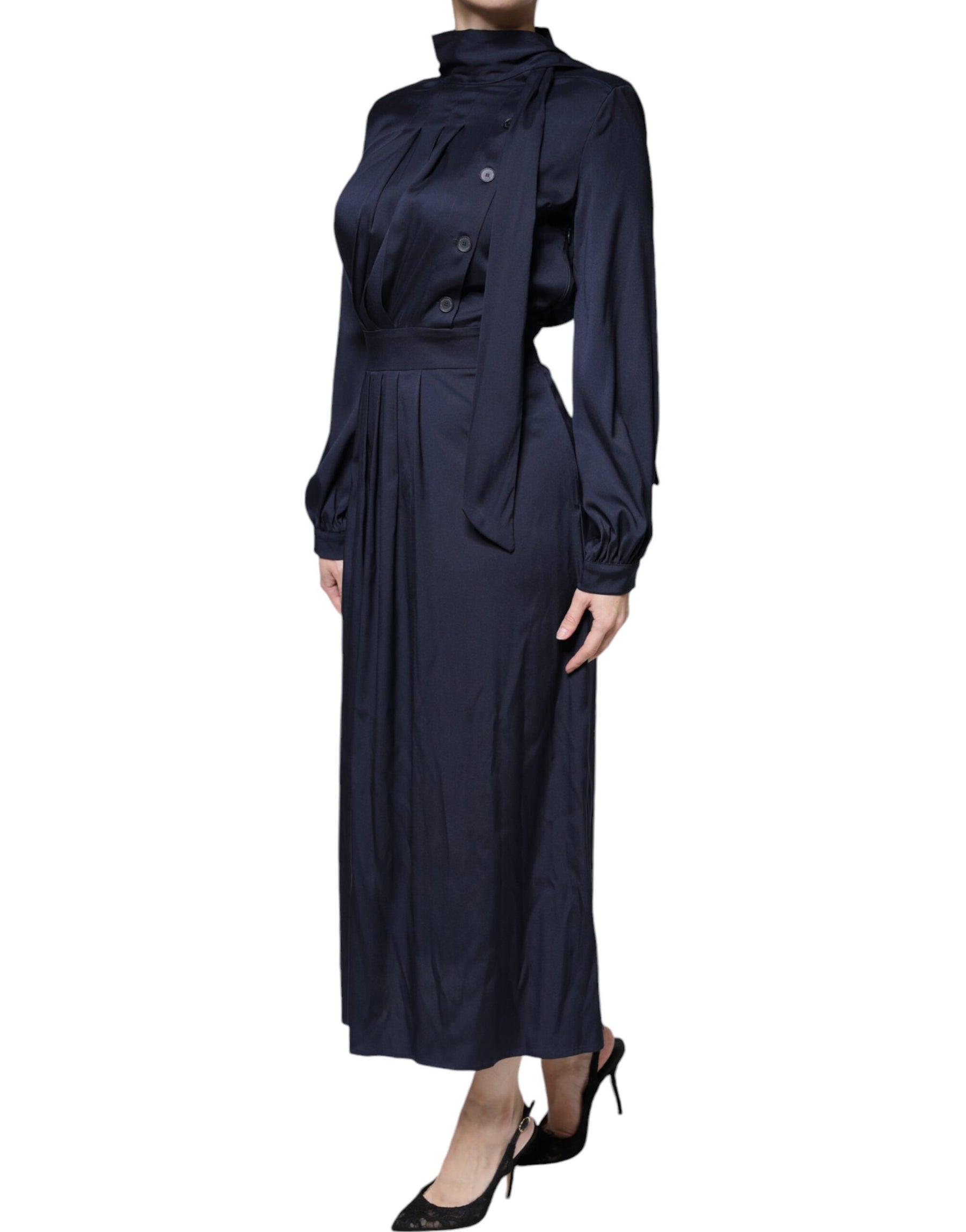 Ballantyne Dark Blue Long Sleeves Pleated A-line Maxi Dress | Regal Royce