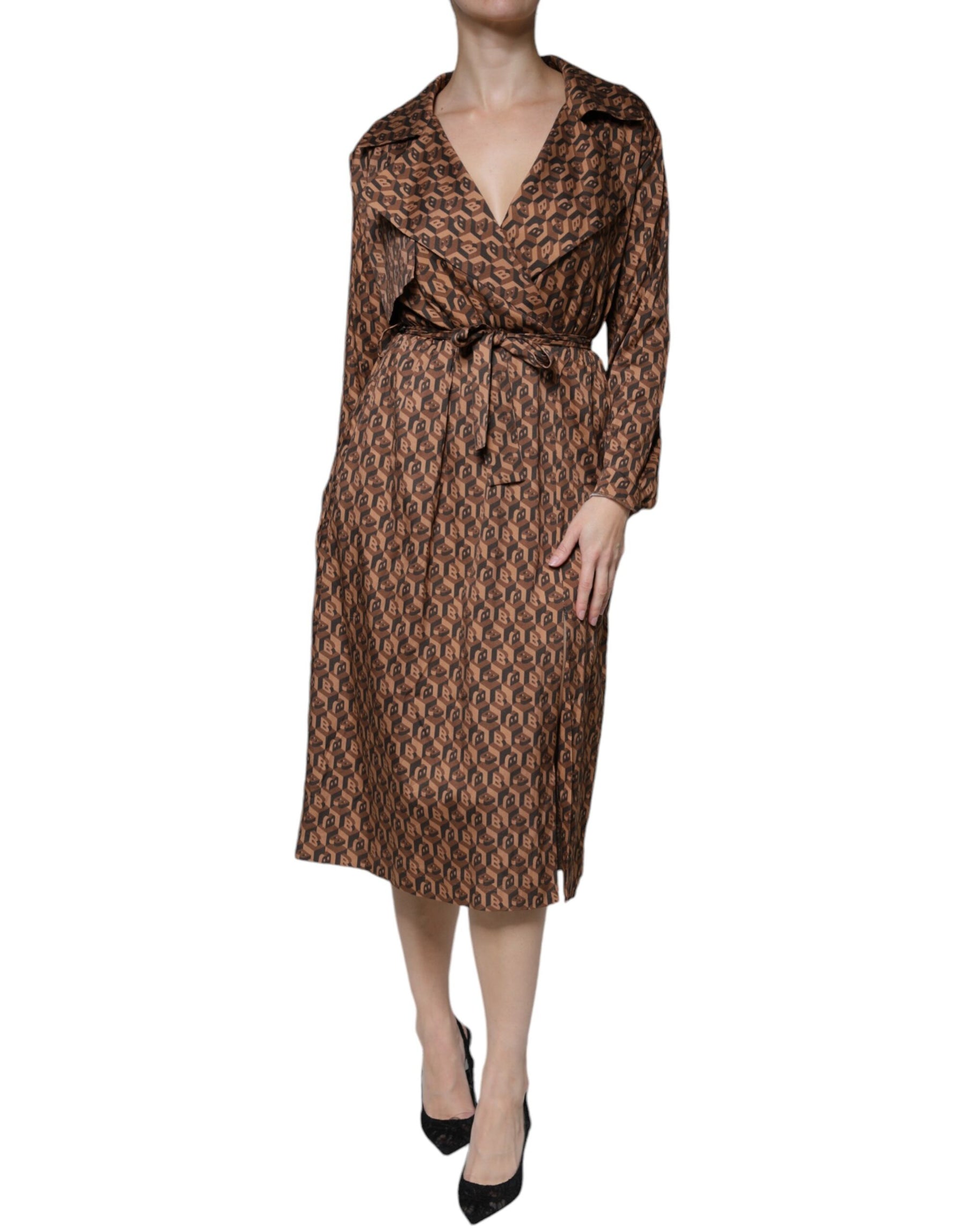 Ballantyne Brown Printed Long Sleeves V-neck Wrap Midi Dress | Regal Royce