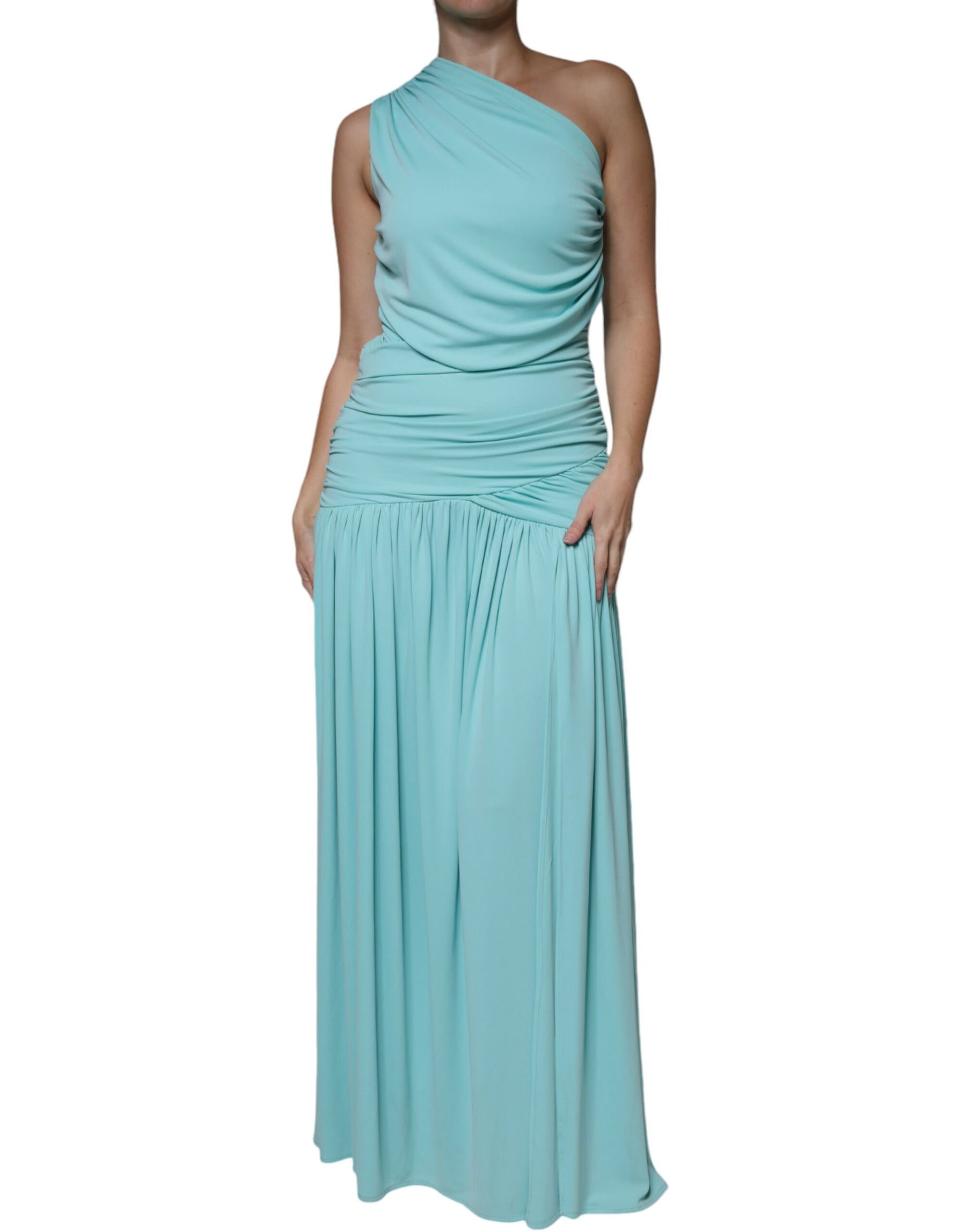 Christian Pellizzari Light Blue Jersey Long Drape One Shoulder Dress | Regal Royce