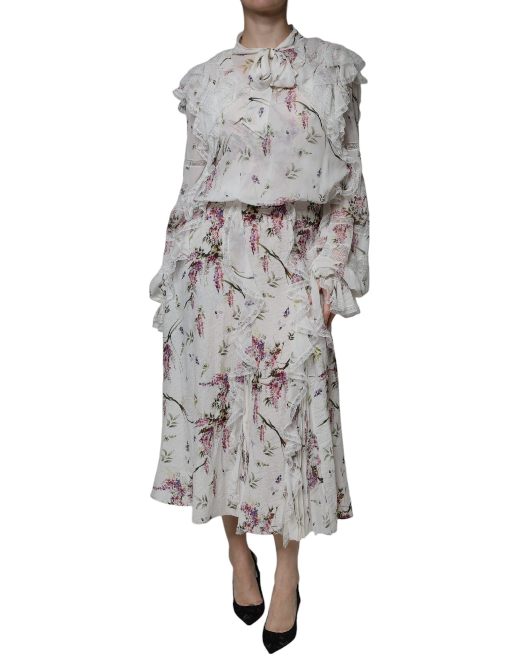 Ermanno Scervino White Floral Ruffles Lace Long Sleeves Maxi Dress | Regal Royce