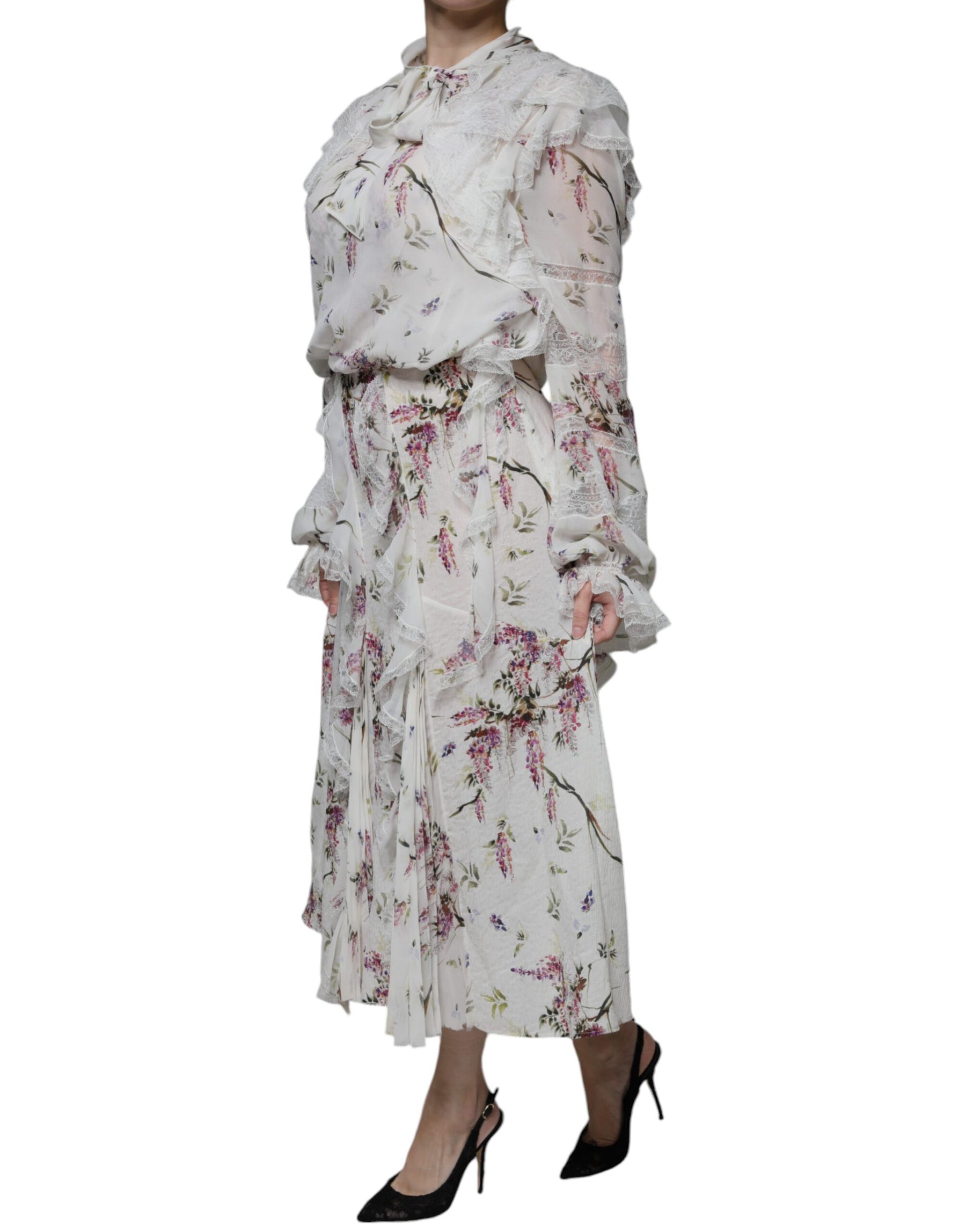 Ermanno Scervino White Floral Ruffles Lace Long Sleeves Maxi Dress | Regal Royce