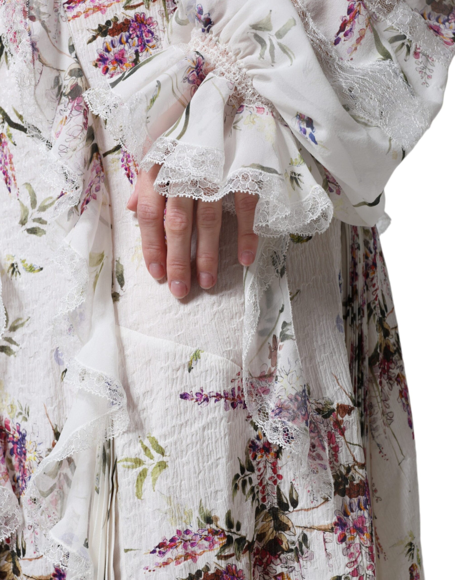 Ermanno Scervino White Floral Ruffles Lace Long Sleeves Maxi Dress | Regal Royce