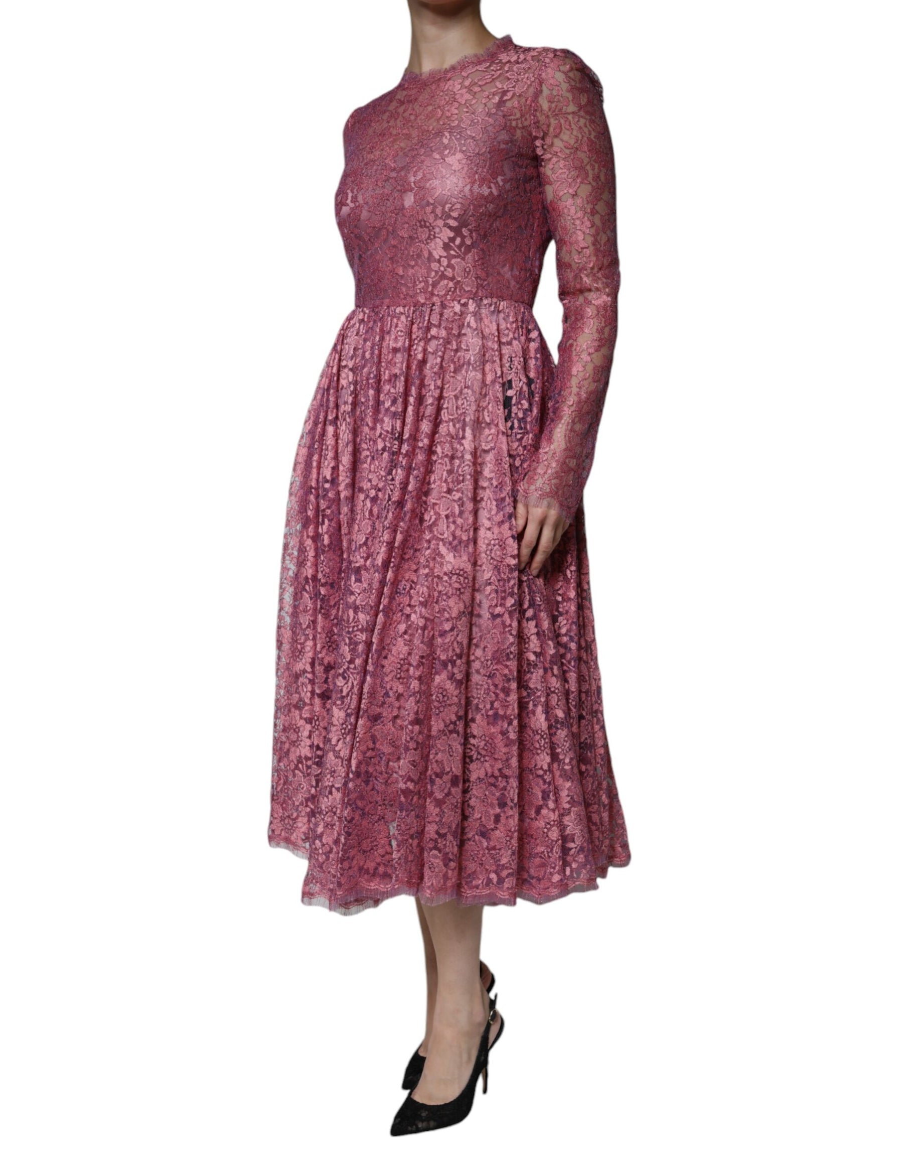 Dolce & Gabbana Fuchsia Floral Lace Long Sleeve Maxi Dress | Regal Royce