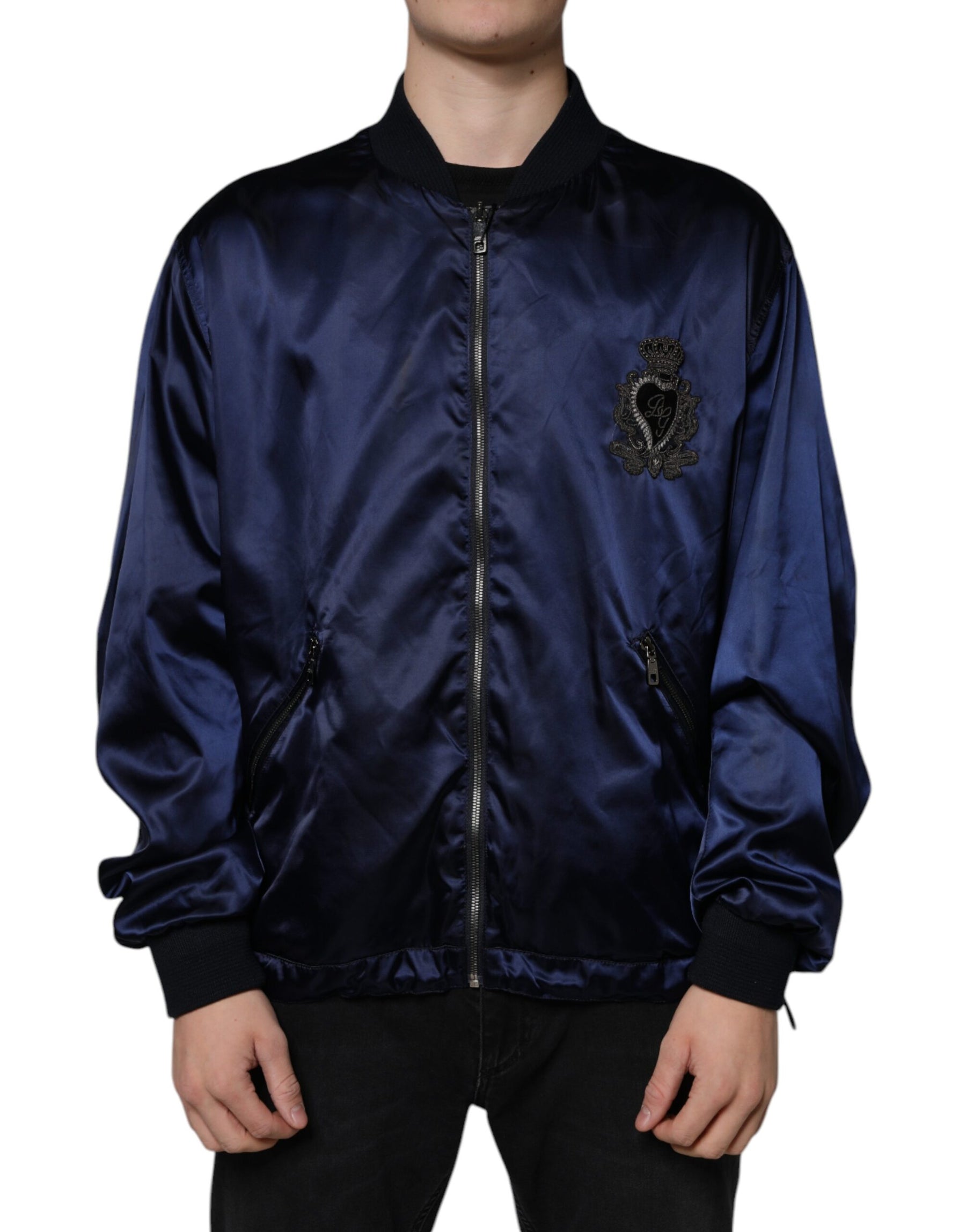 Dolce & Gabbana Blue Crown Heart Full Zip Men Bomber Jacket | Regal Royce
