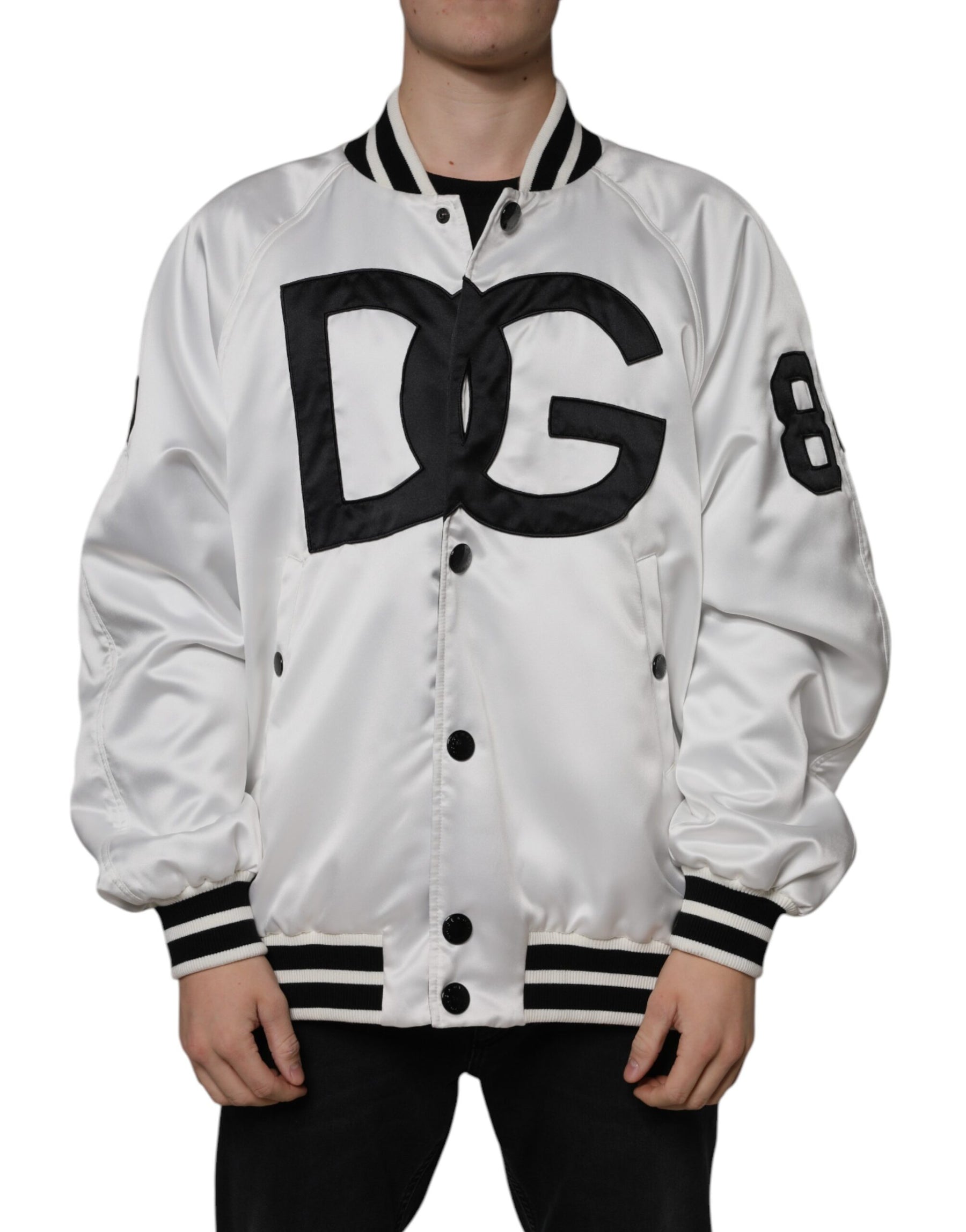 Dolce & Gabbana White Polyester Logo Full Zip Bomber Jacket | Regal Royce
