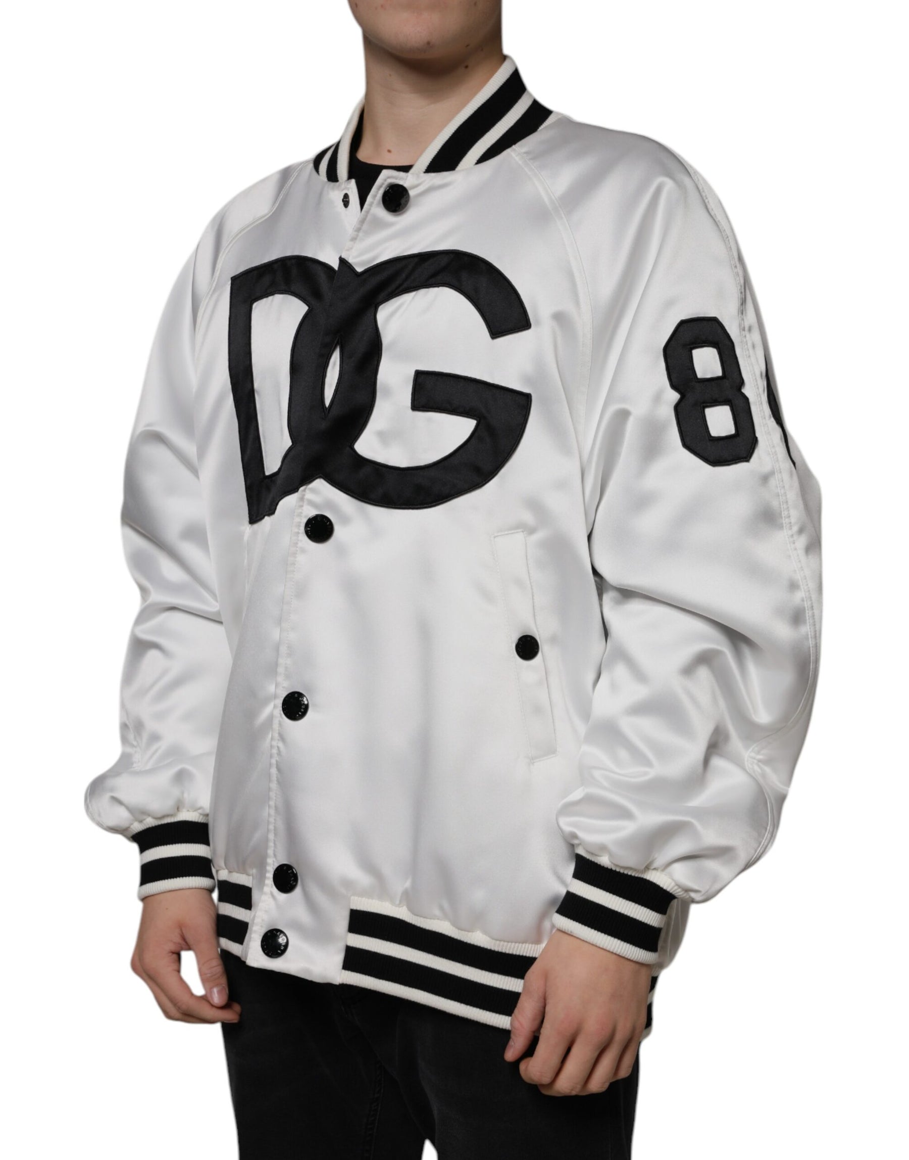 Dolce & Gabbana White Polyester Logo Full Zip Bomber Jacket | Regal Royce