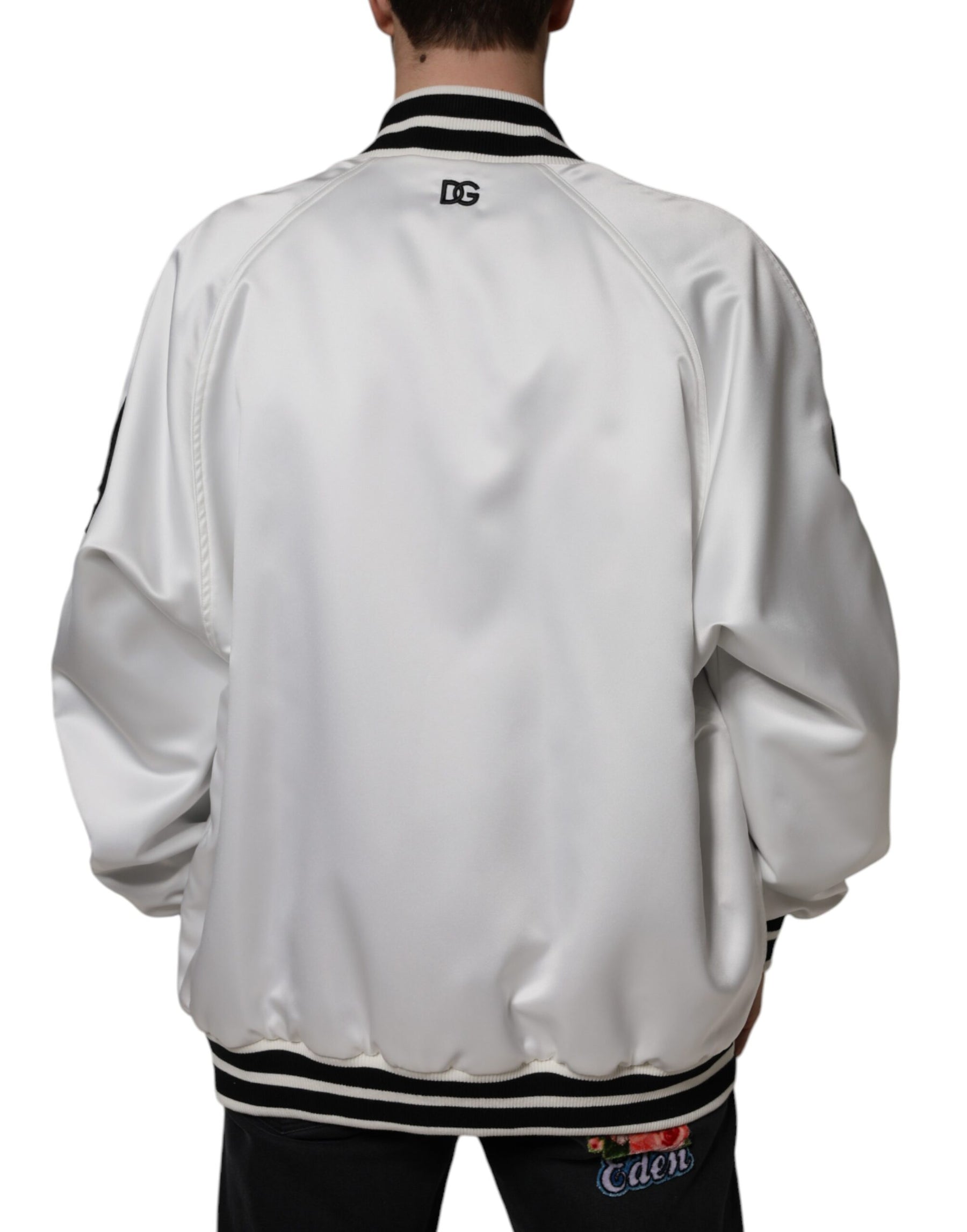 Dolce & Gabbana White Polyester Logo Full Zip Bomber Jacket | Regal Royce